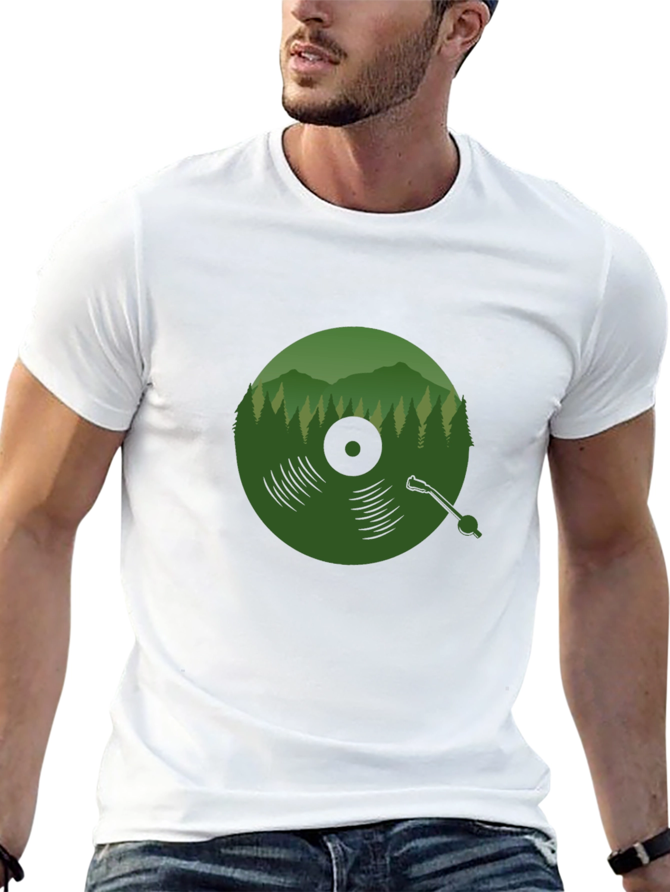 Black Green Vinyl Record Forest T-Shirt view 13