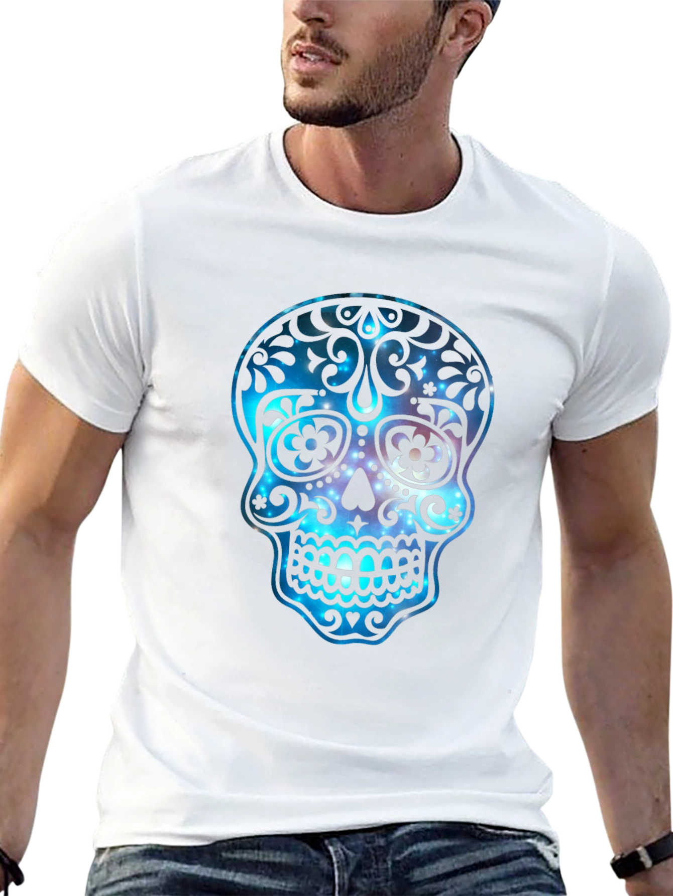 Black Sugar Skull Galaxy Graphic T-Shirt view 13