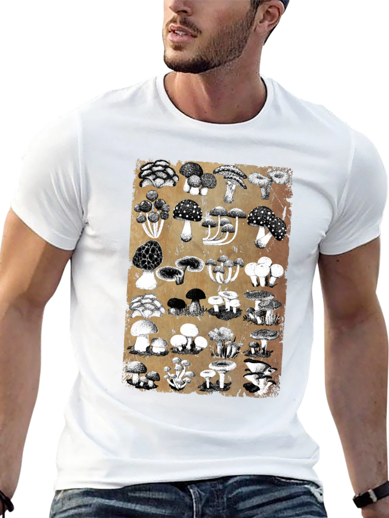 Black Mushroom Print Black T-Shirt - Nature Lover's Tee view 13
