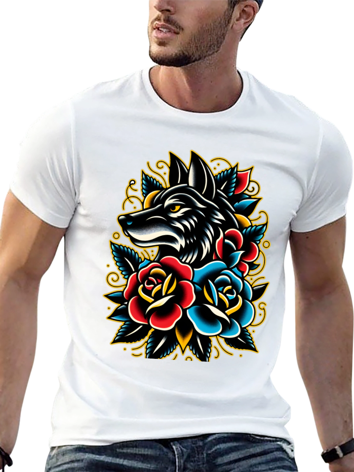 Black Wolf & Roses Graphic Tee - Classic Tattoo Style view 13