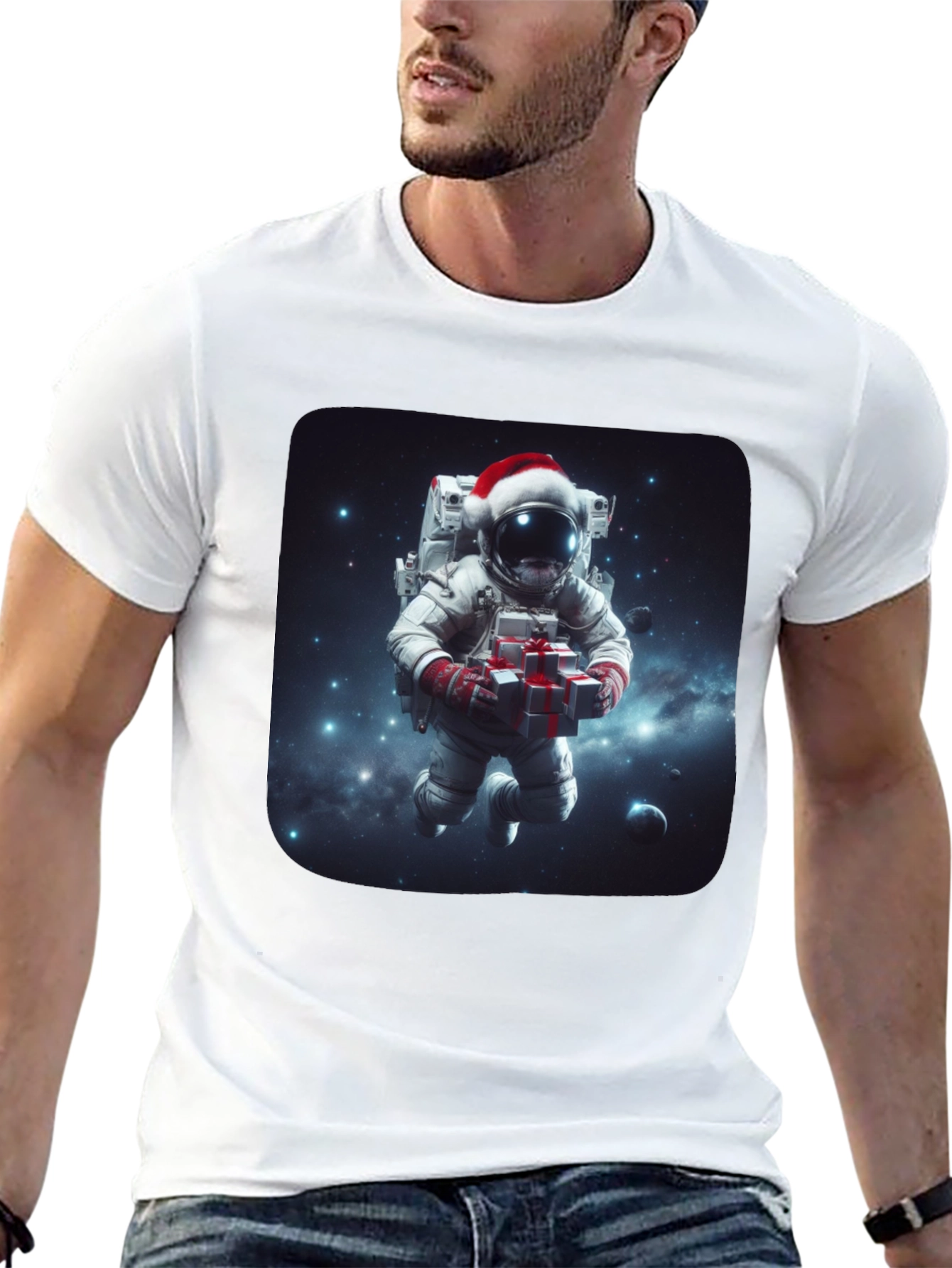 Black Festive Astronaut T-Shirt - Holiday Space Gift view 13