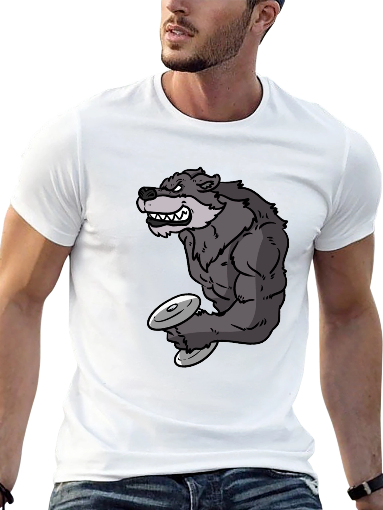 Black Wolf Lifting Weights Graphic Tee - Black view 13