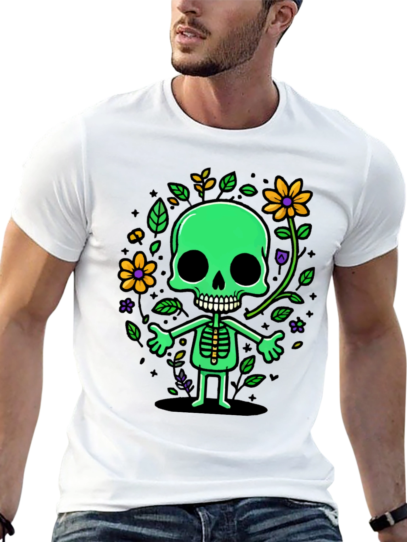 Black Green Floral Skeleton Graphic Tee view 13