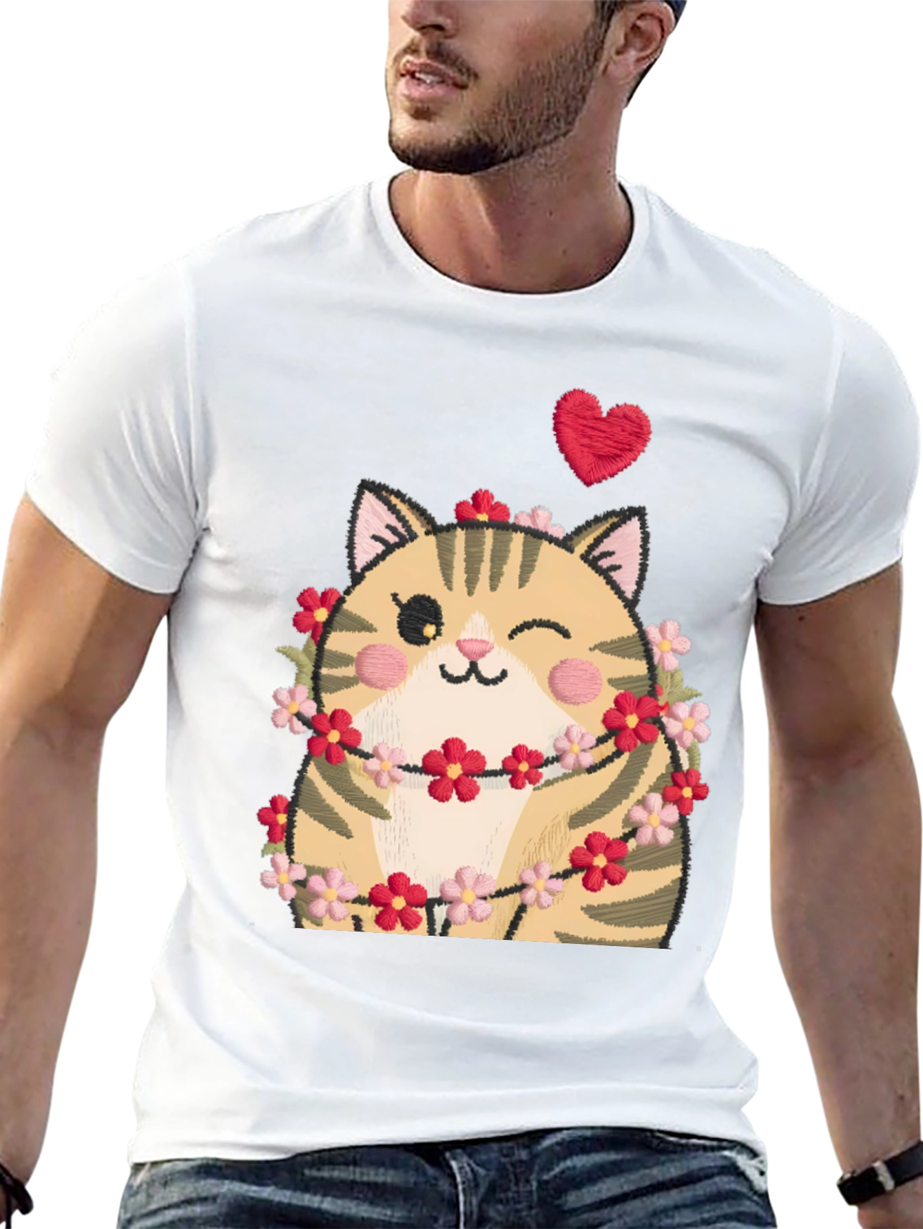 Black Cute Cat in Flowers Black T-Shirt view 13