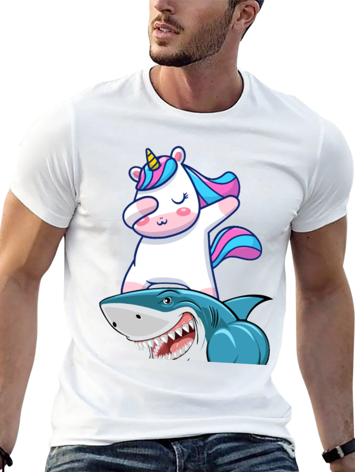 Black Unicorn Dabbing on Shark Graphic Tee view 13