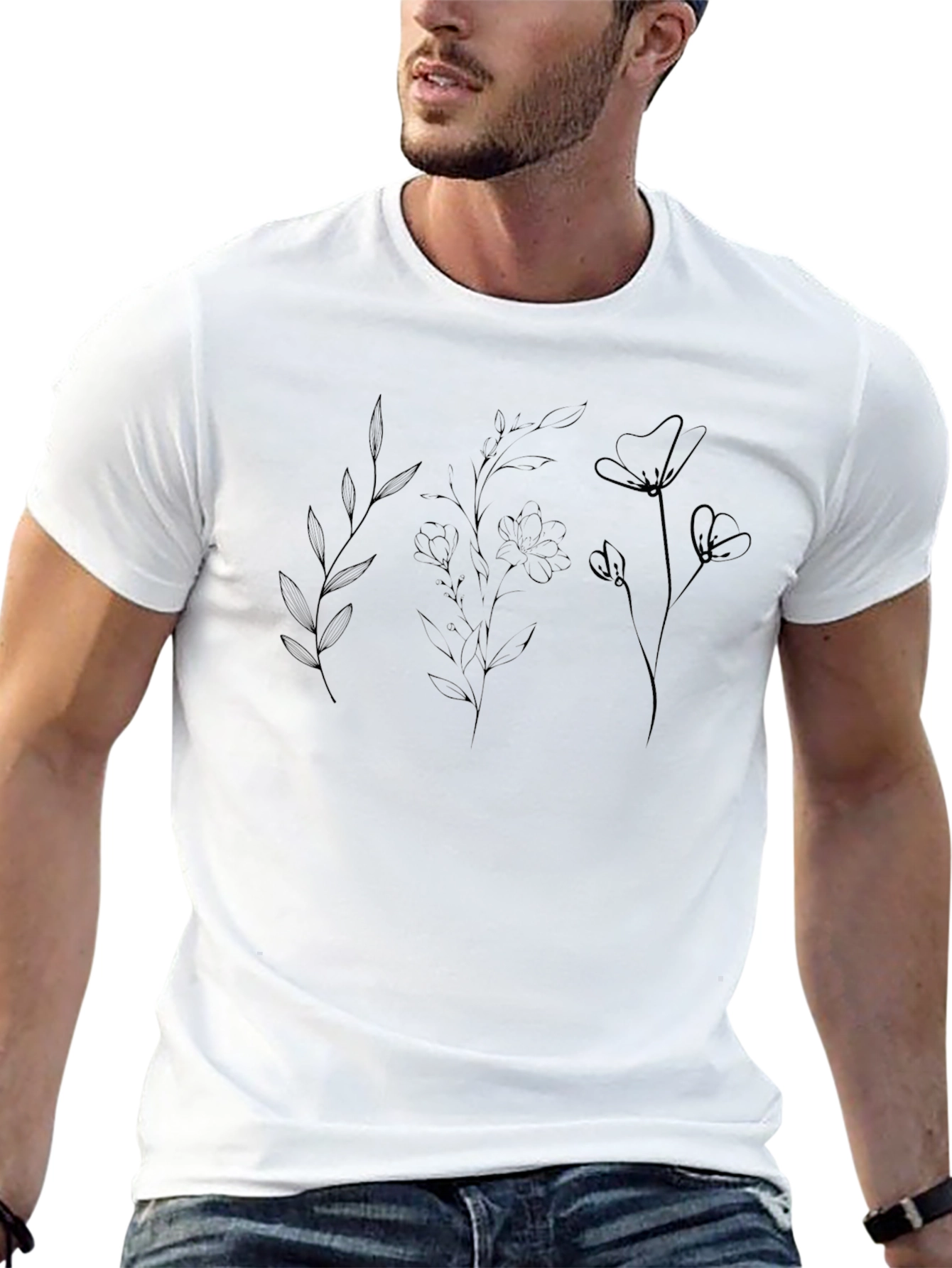 Black Minimalist Floral Line Art Black T-Shirt view 13