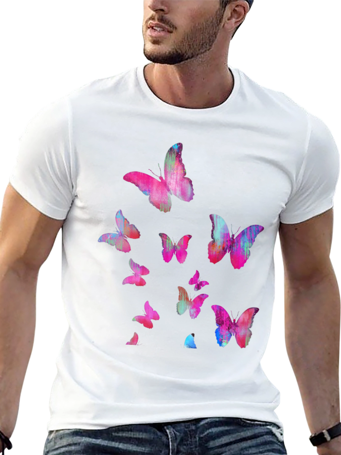 Black Butterfly Print Men's Black T-Shirt view 13