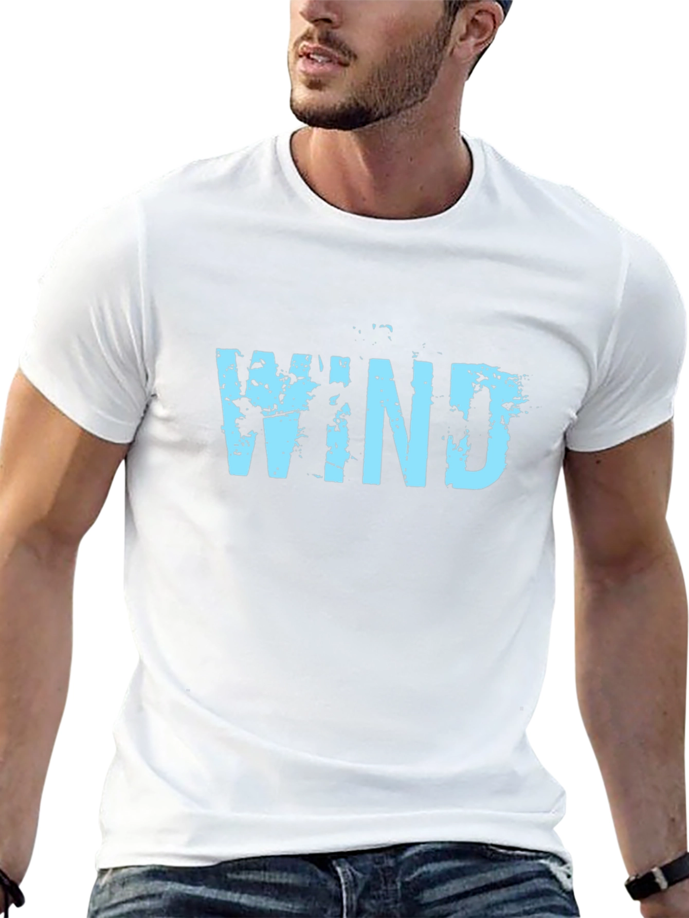 Black Men's Black Cotton Tee - Blue "Wind" Graphic view 13