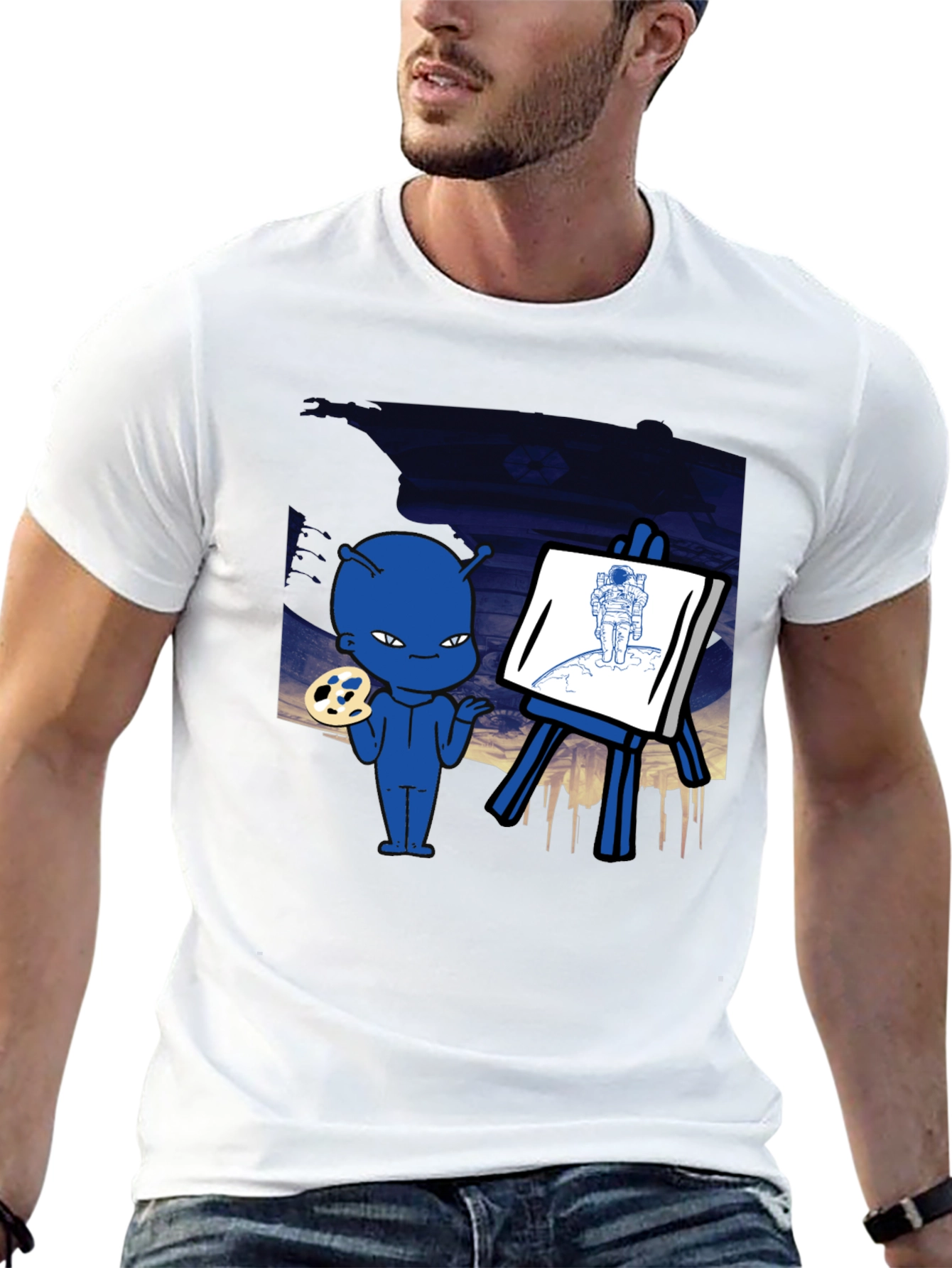 Black Alien Artist Graphic T-Shirt - Men's Black Crew Neck Tee view 13