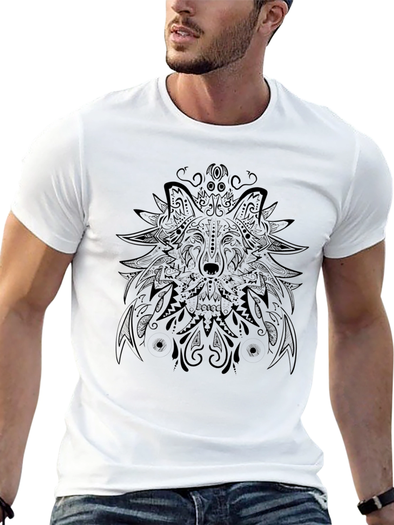 Black Wolf Mandala Graphic Tee - Black Cotton Blend T-Shirt view 13