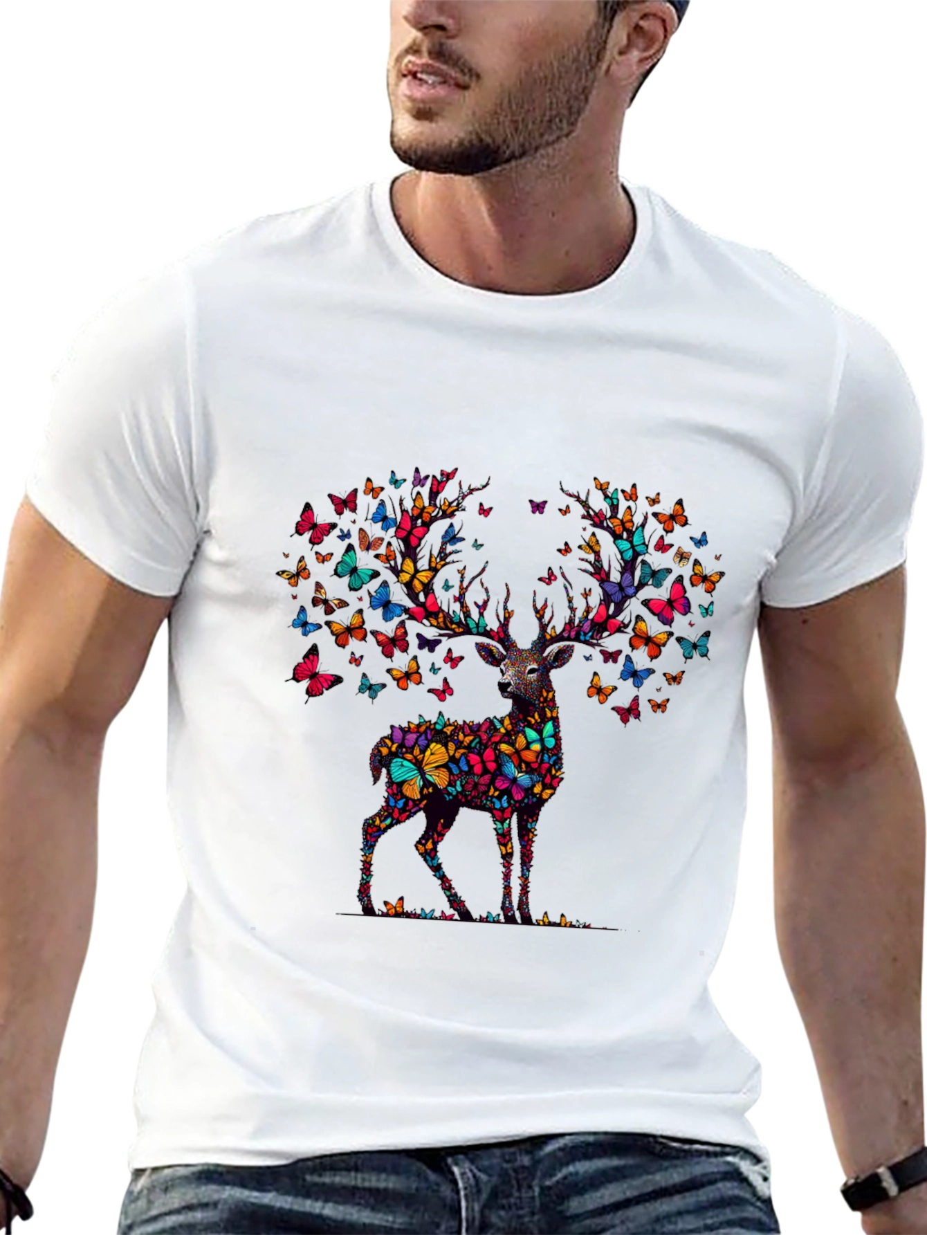 Black Butterfly Deer Graphic Black T-Shirt view 13