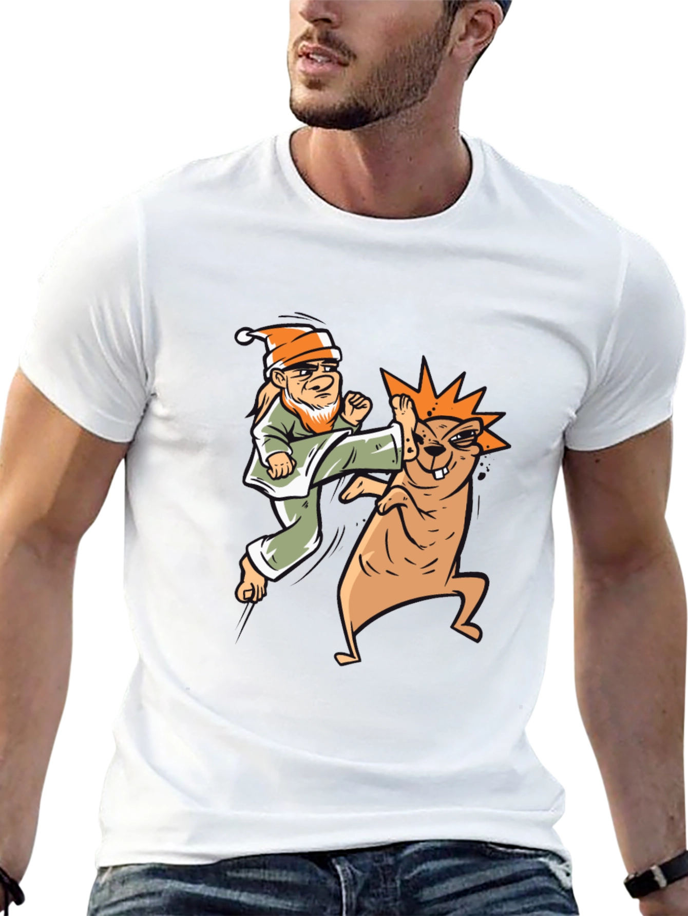 Black Funny Karate Gnome vs. Beaver Graphic T-Shirt view 13