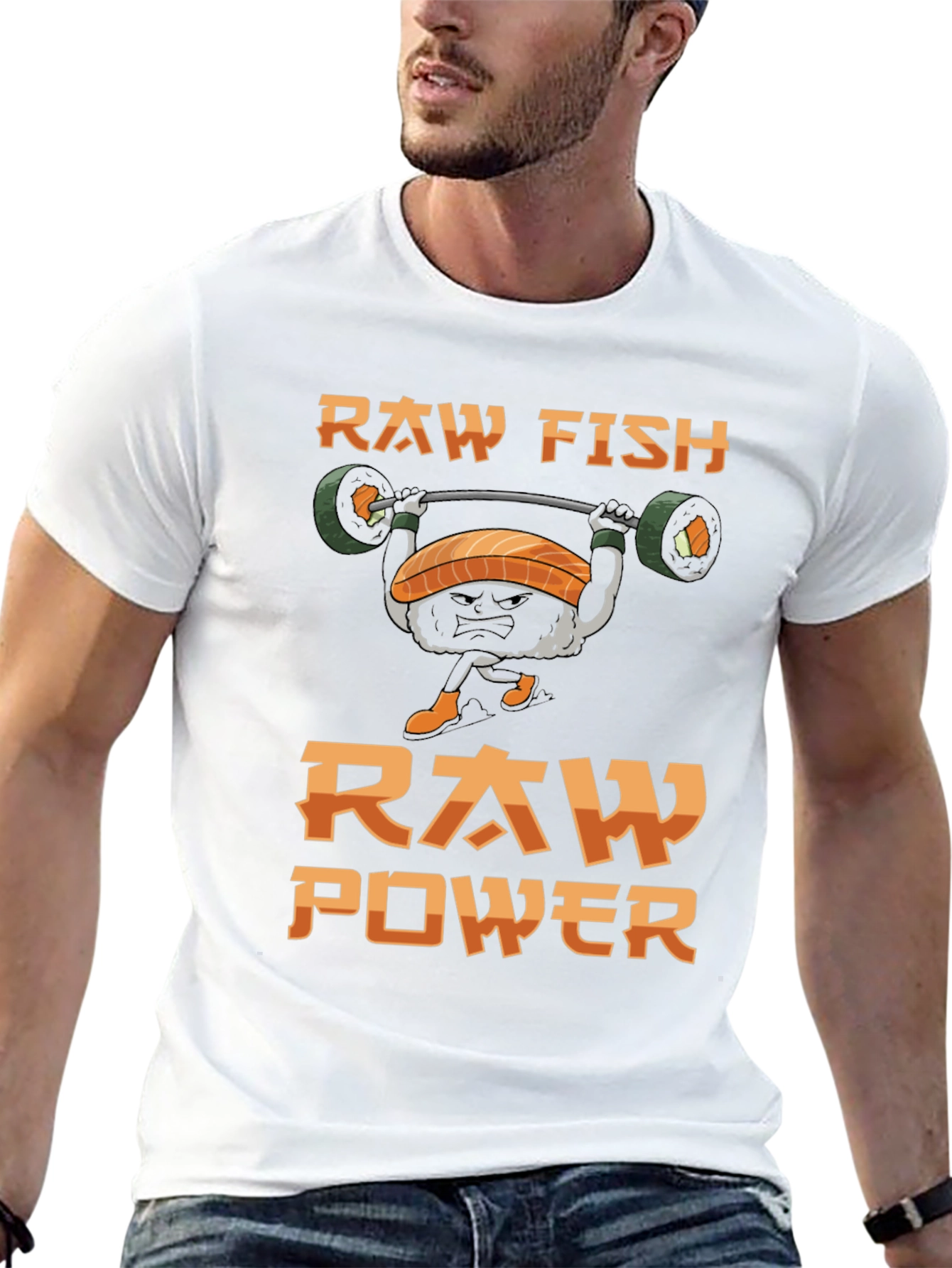 Black Raw Fish Raw Power T-Shirt - Weightlifting Sushi Tee view 13