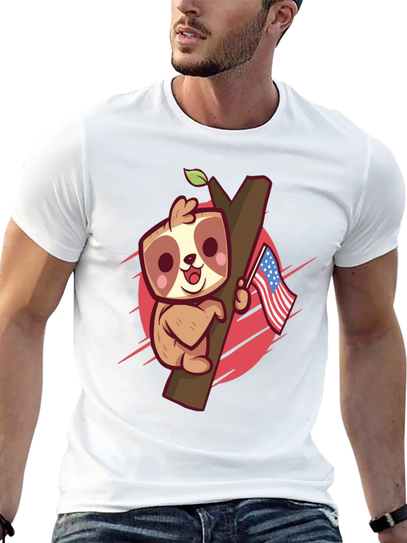Black Cute Sloth Holding US Flag Graphic Tee view 13