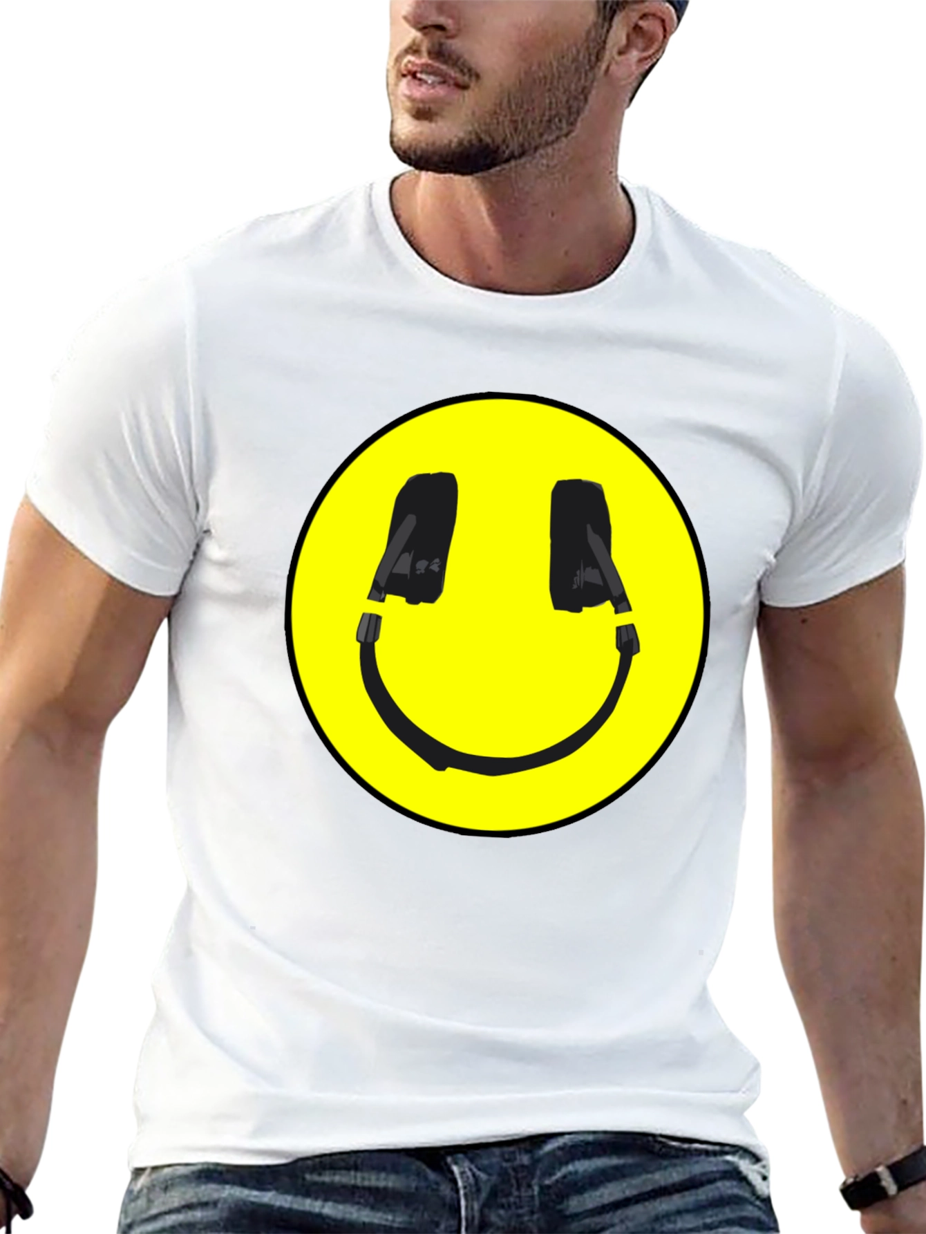 Black Smiley Face Headphone Graphic Black T-Shirt view 13