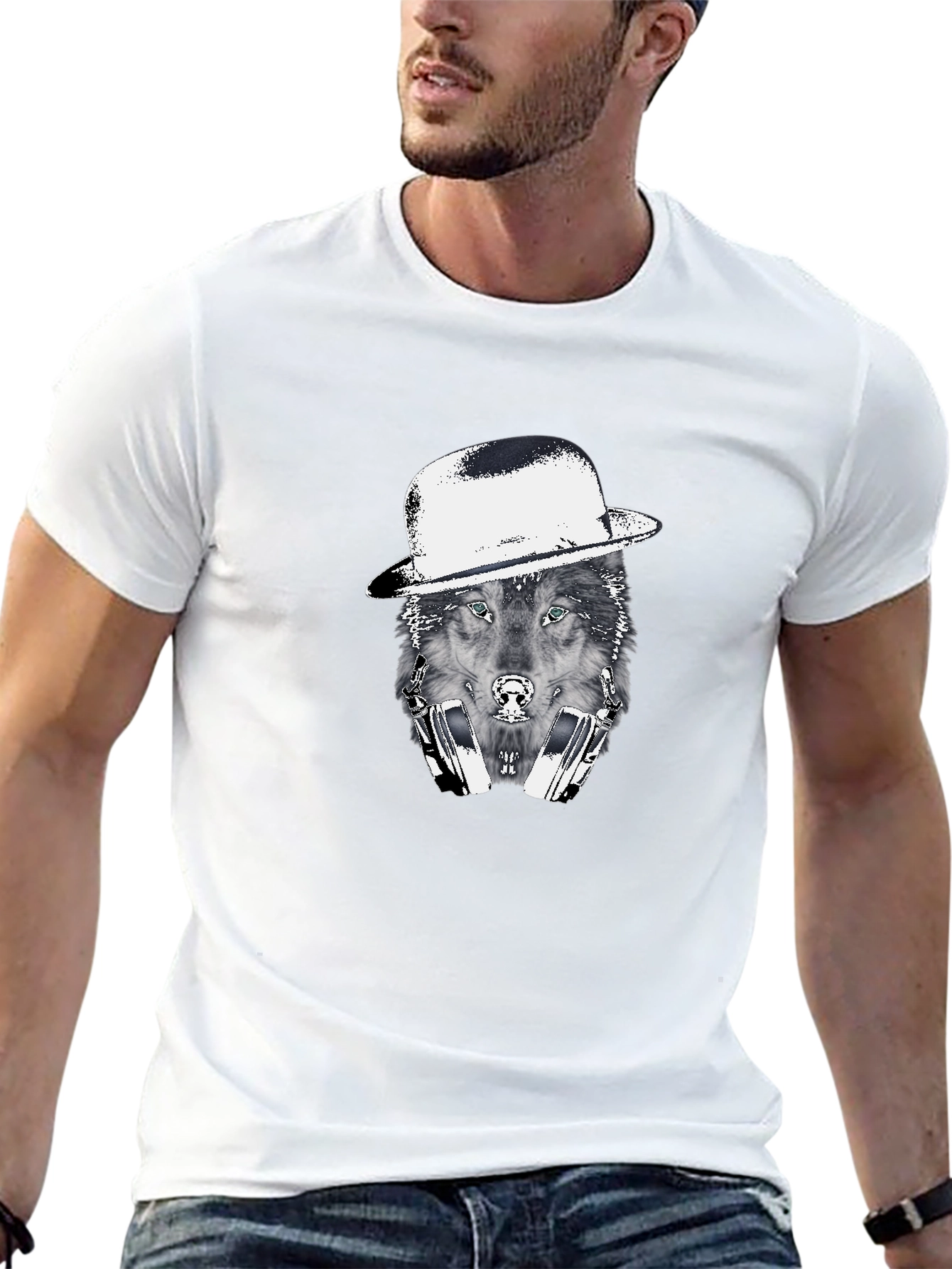 Black Wolf in Hat Graphic T-Shirt view 13