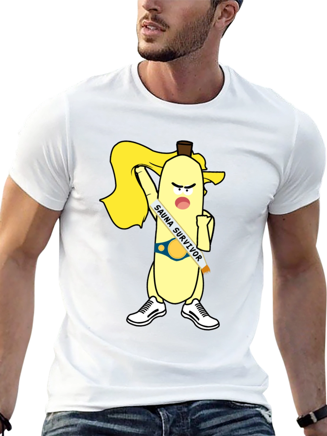 Black Sauna Survivor Banana Cartoon Tee view 13