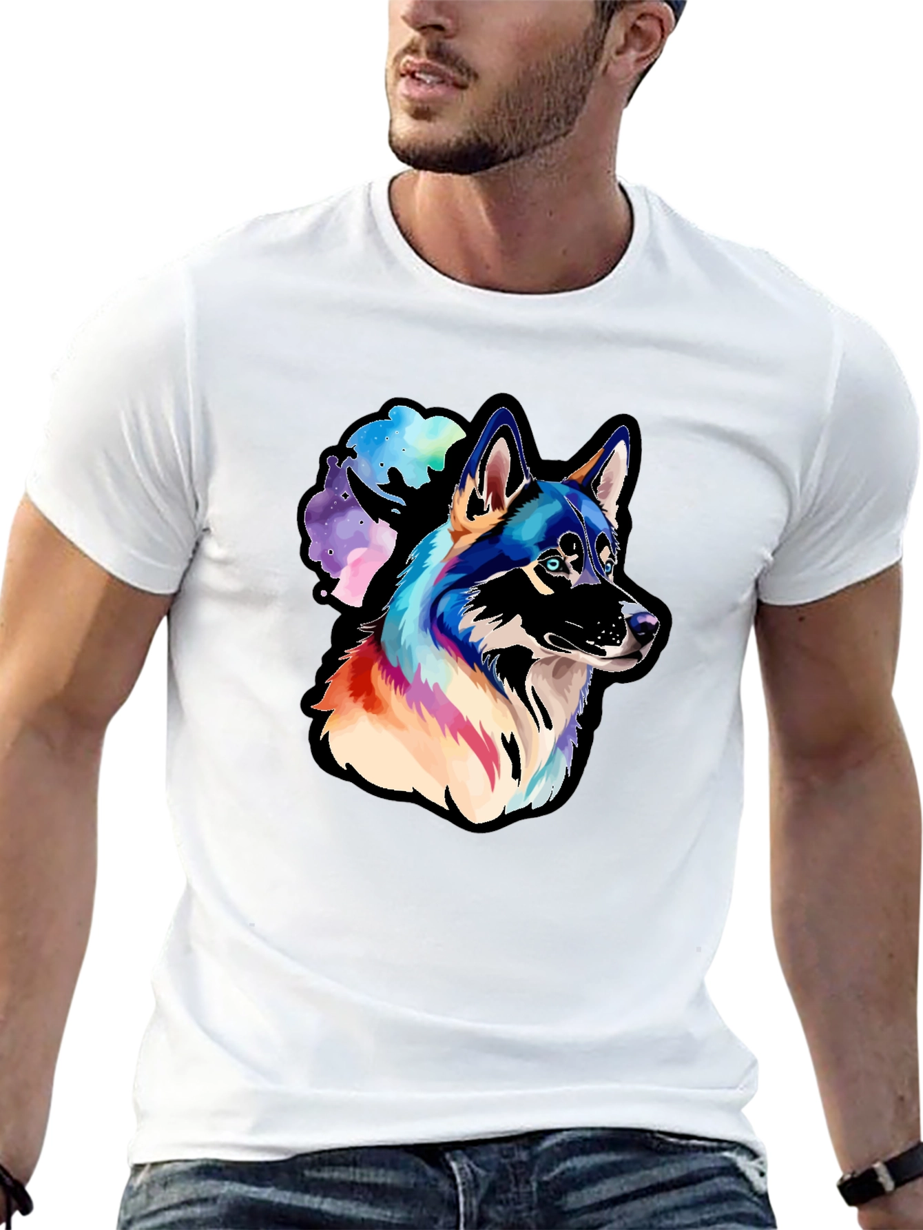 Black Husky Watercolor Men's Graphic T-Shirt view 13