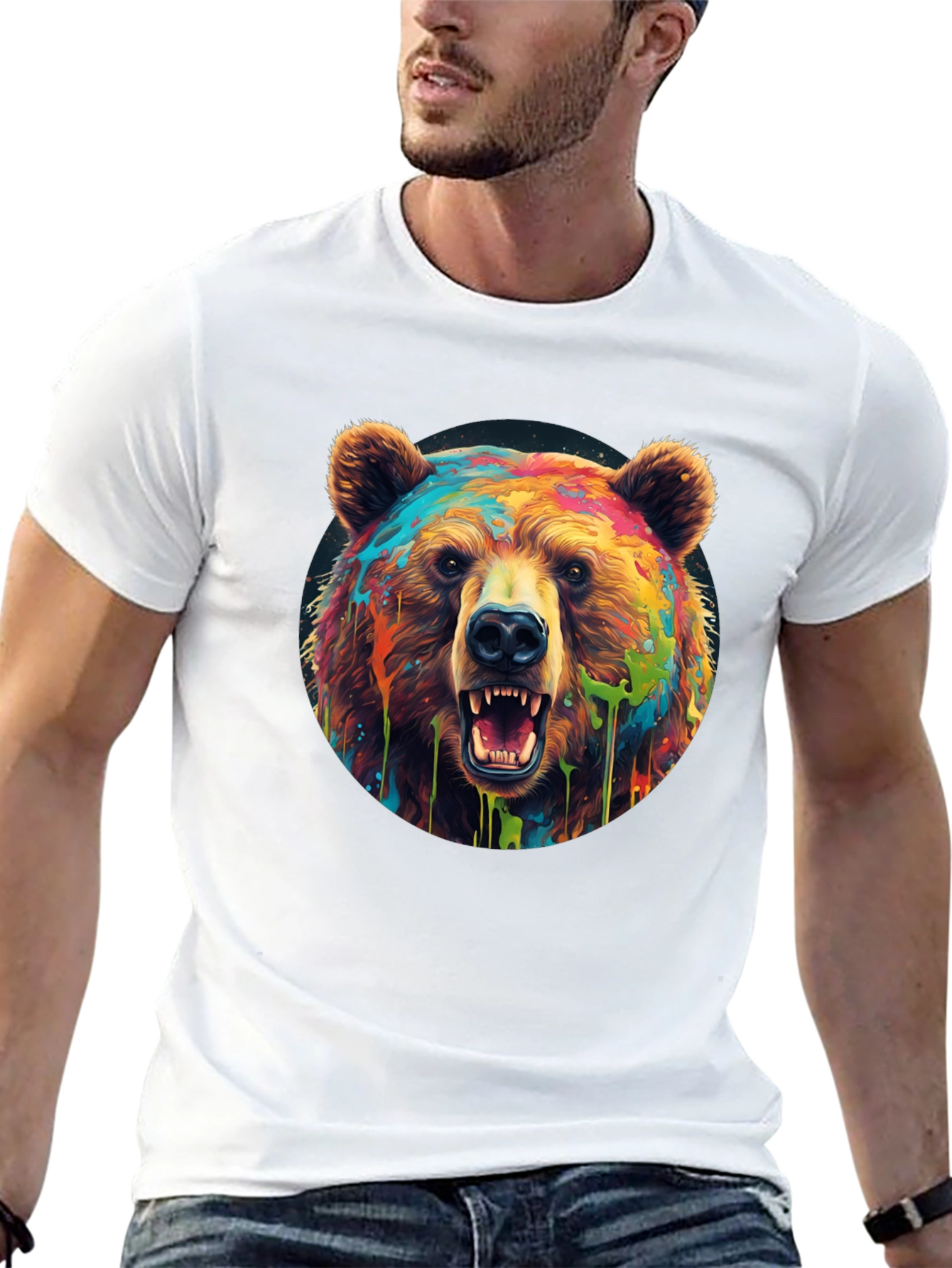Black Colorful Bear Graphic T-Shirt - Men's Black Tee view 13