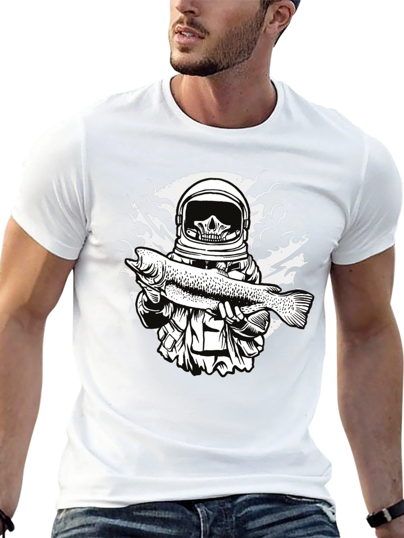 Black Astronaut Skull Fishing T-Shirt - Unique Graphic Tee view 13