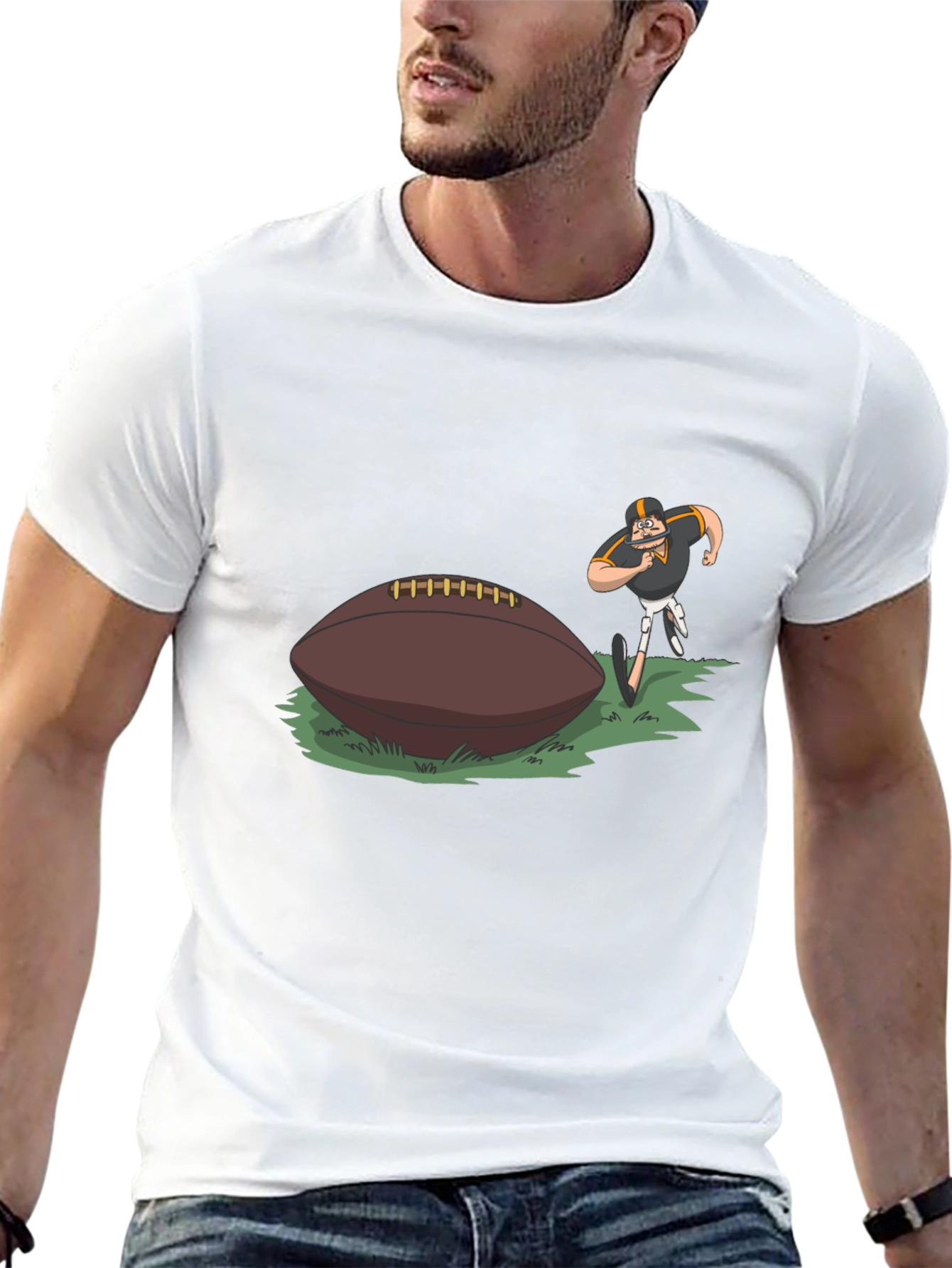 Black Football Player Cartoon Print Black T-Shirt view 13