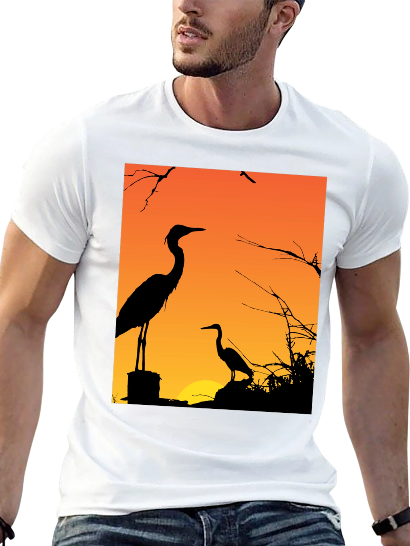 Black Heron Sunset Graphic Tee - Black Cotton T-Shirt view 13