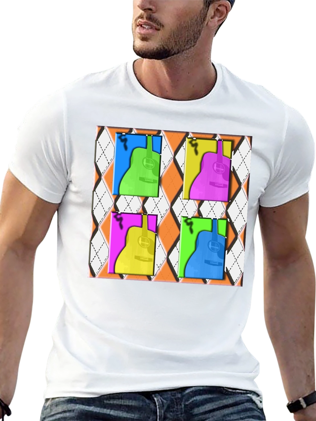 Black Pop Art Guitar T-Shirt - Modern Musical Design view 13