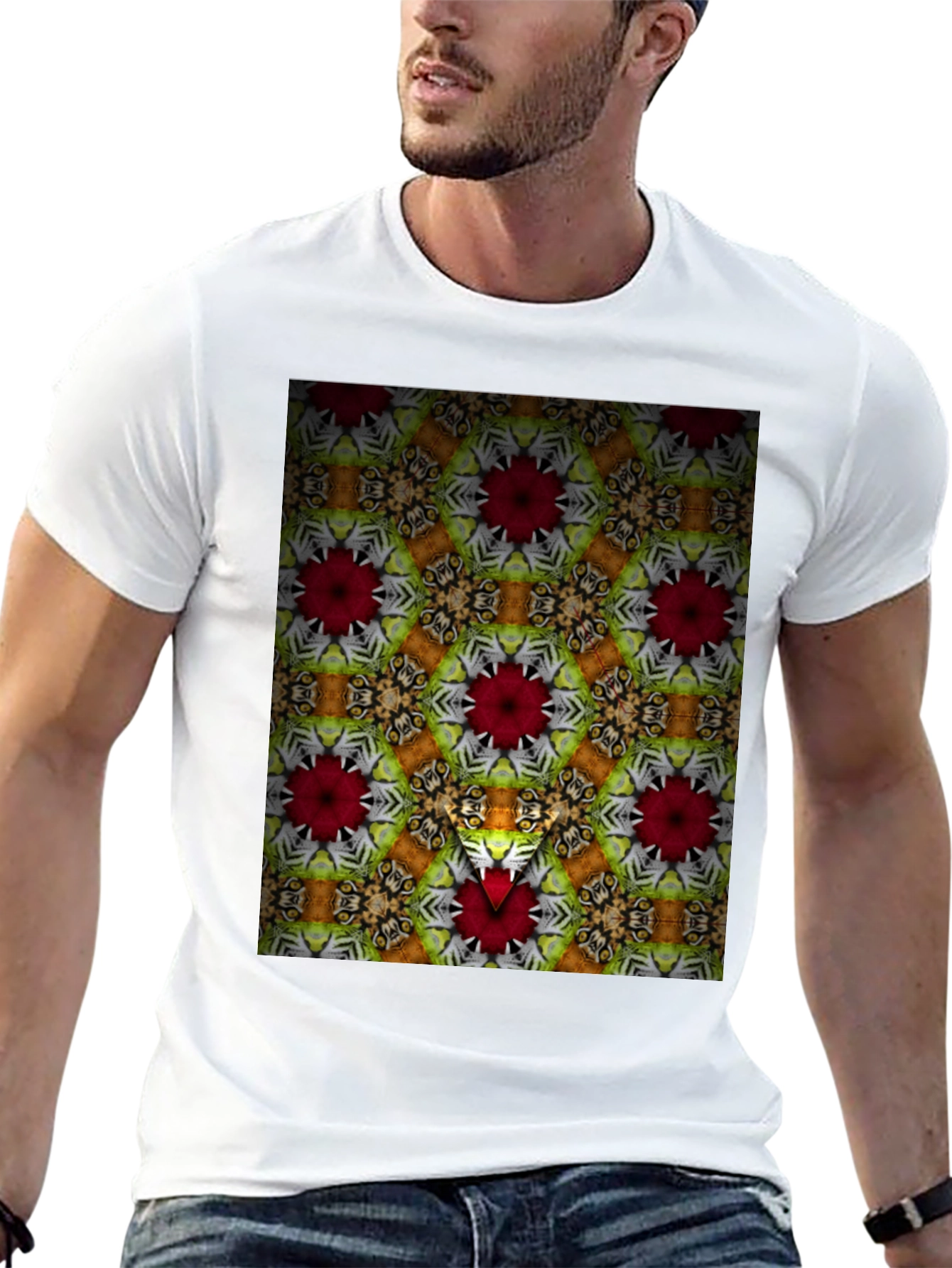 Black Kaleidoscope Floral Graphic Print Men's Black T-Shirt view 13