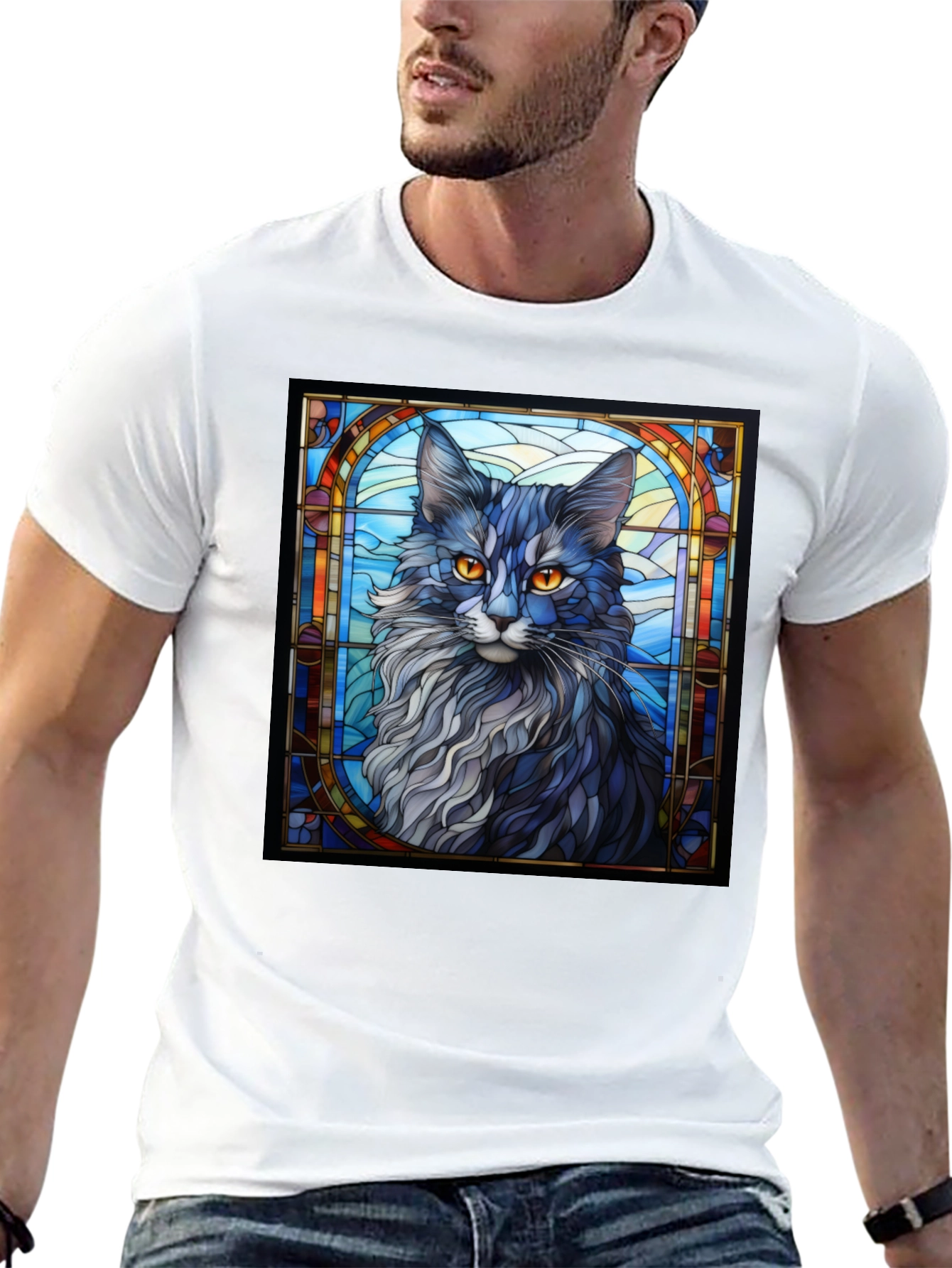 Black Stained Glass Cat Graphic Tee - Unique Design view 13