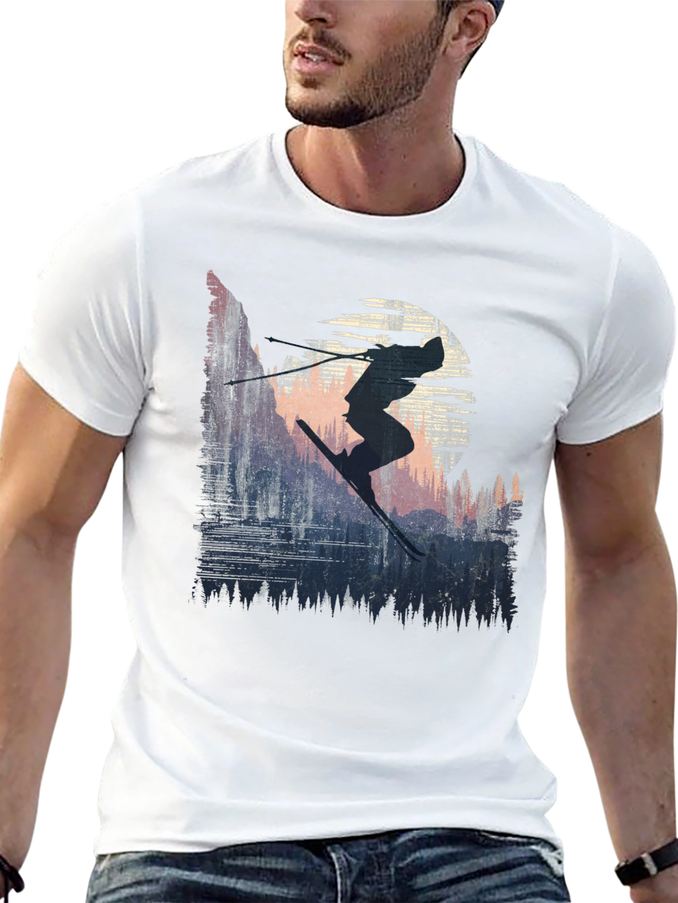 Black Skier Silhouette Graphic Tee - Black Cotton T-Shirt view 13