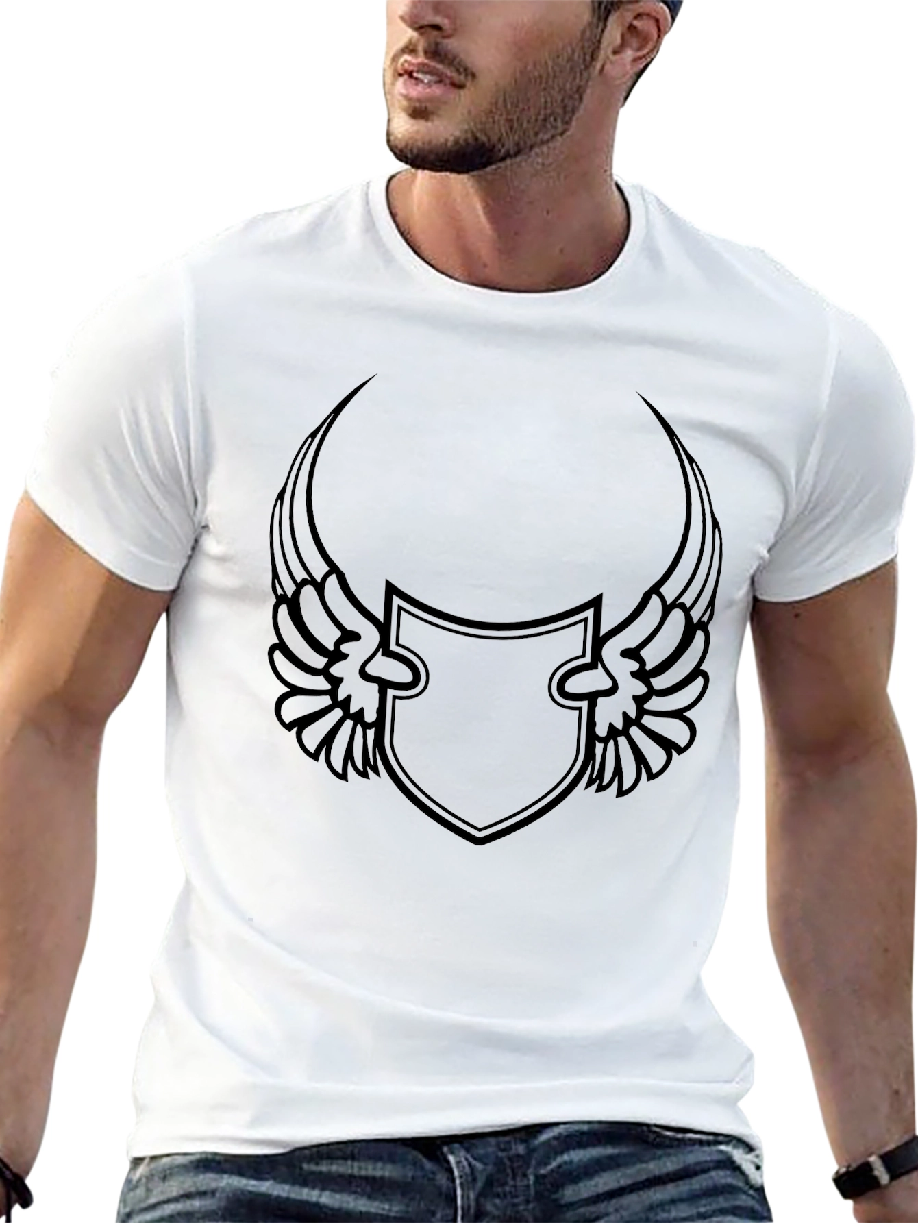 Black Men's Black Graphic Tee - Winged Shield Design view 13