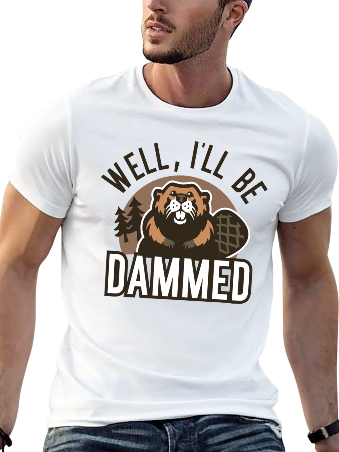 Black Well I'll Be Dammed Funny Beaver Graphic T-Shirt view 13