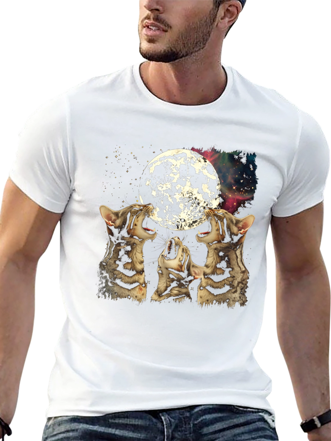 Black Three Cats Howling at Moon Graphic Tee view 13