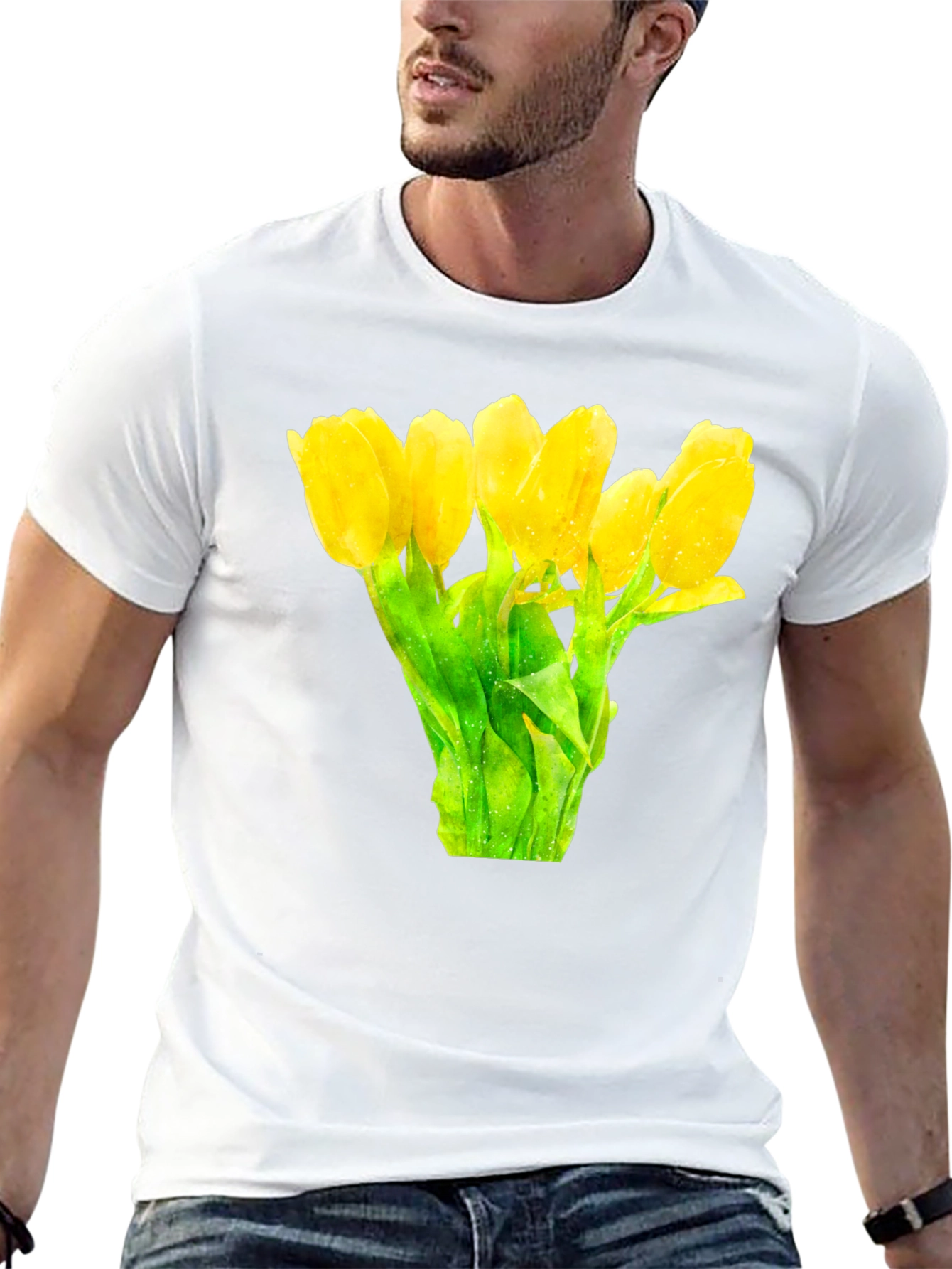 Black Floral Print Black T-Shirt -  Yellow Tulips view 13