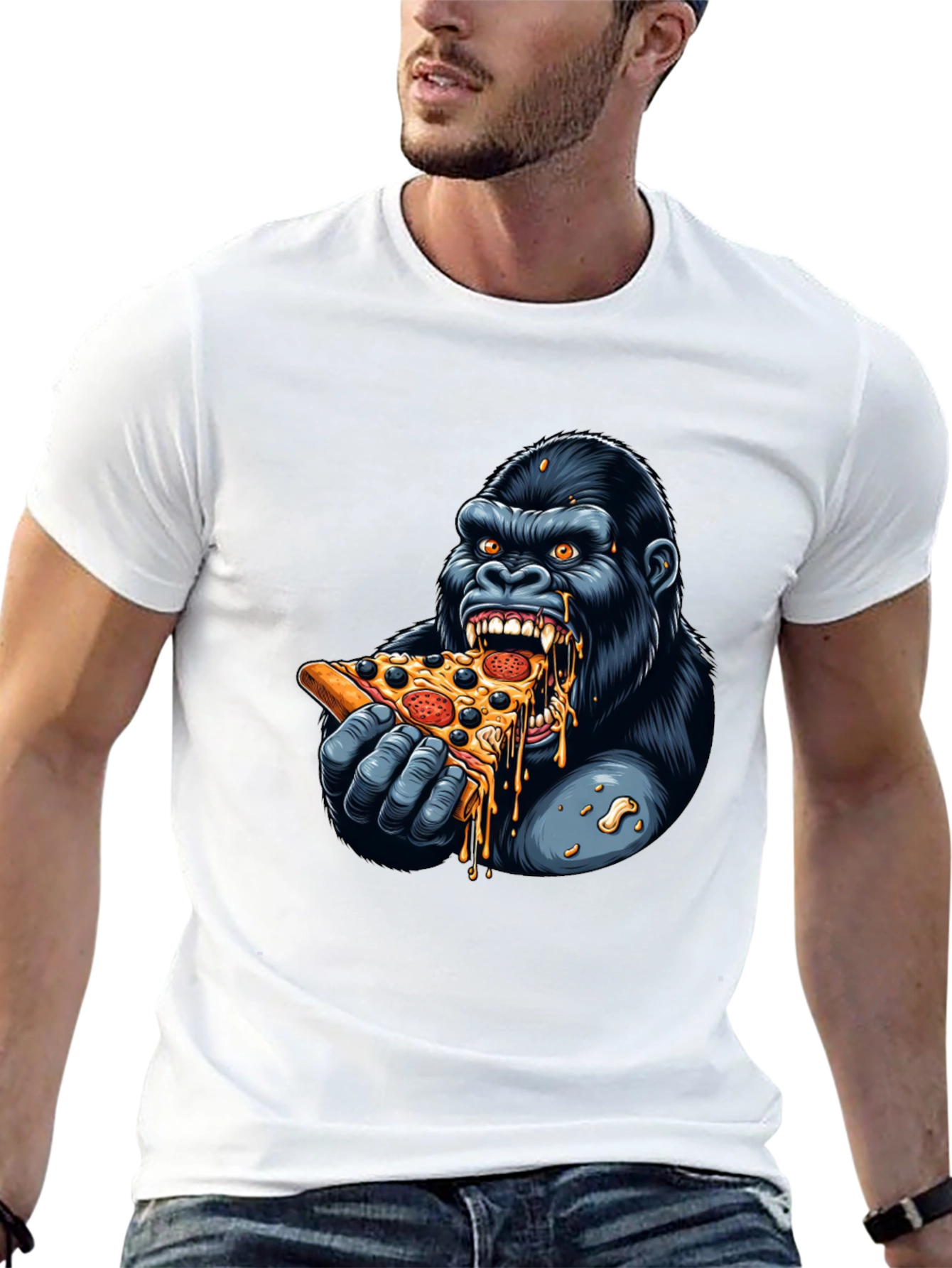 Black Gorilla Eating Pizza Graphic T-Shirt view 13