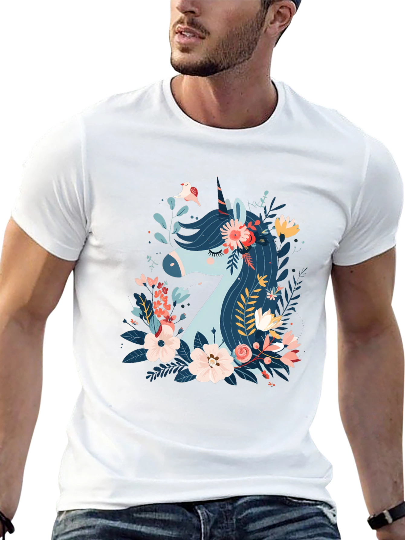 Black Floral Unicorn Graphic Print Black T-Shirt view 13