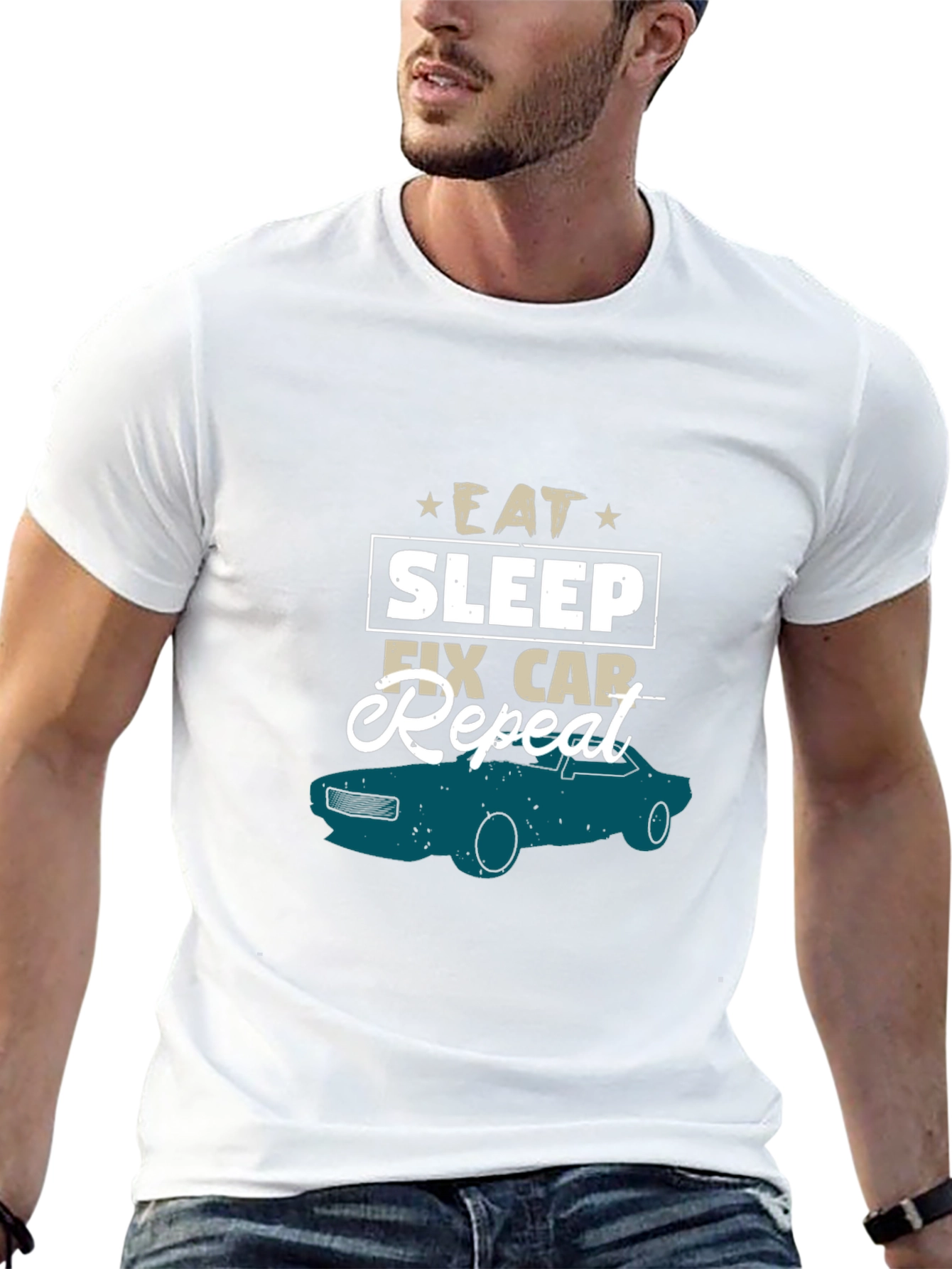Black Eat Sleep Fix Car Repeat T-Shirt view 13