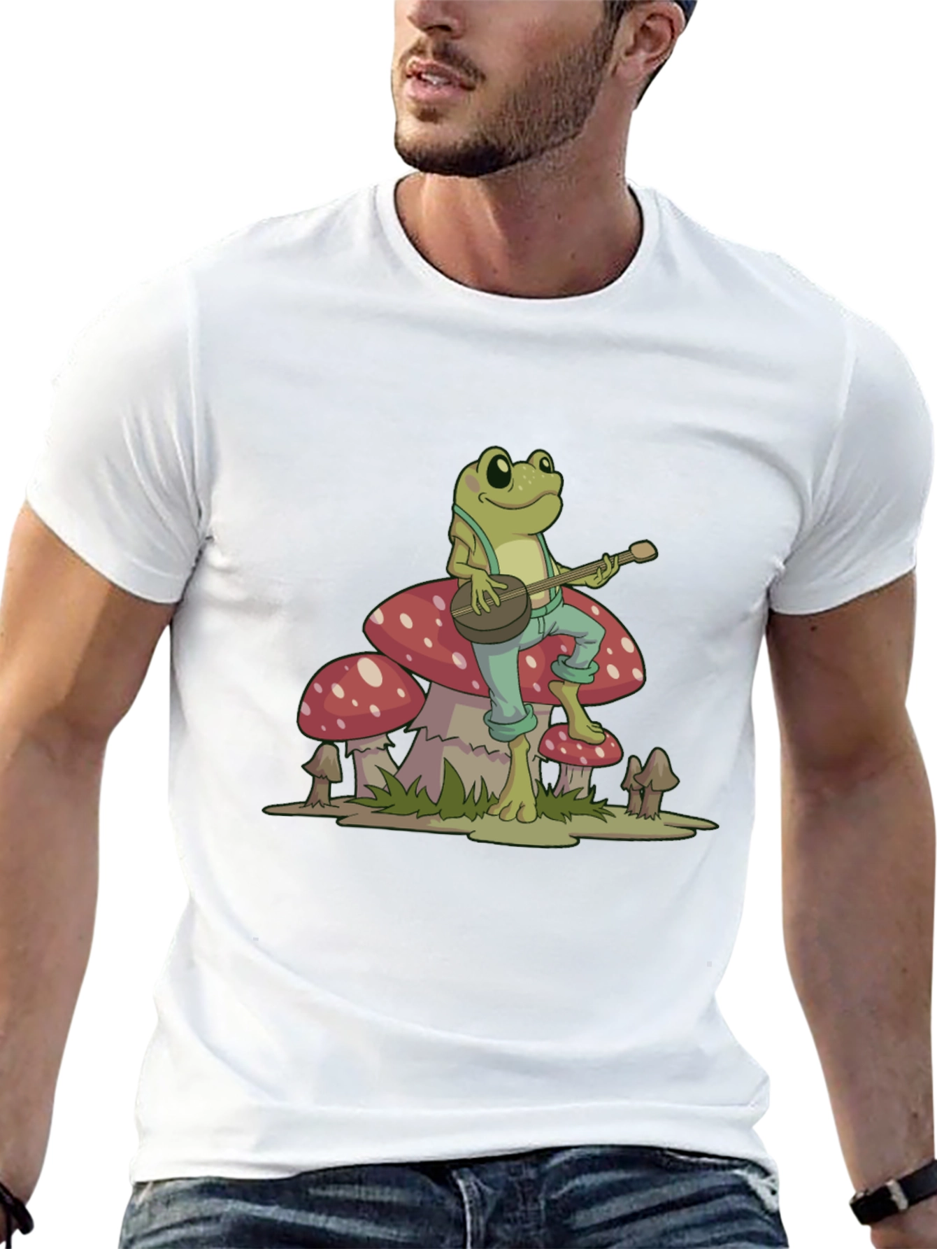 Black Frog Playing Banjo on Mushroom Graphic Tee view 13