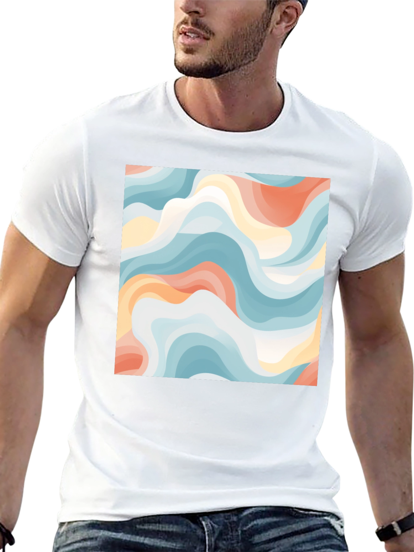 Black Abstract Wave Print Tee - Modern Art Shirt view 13