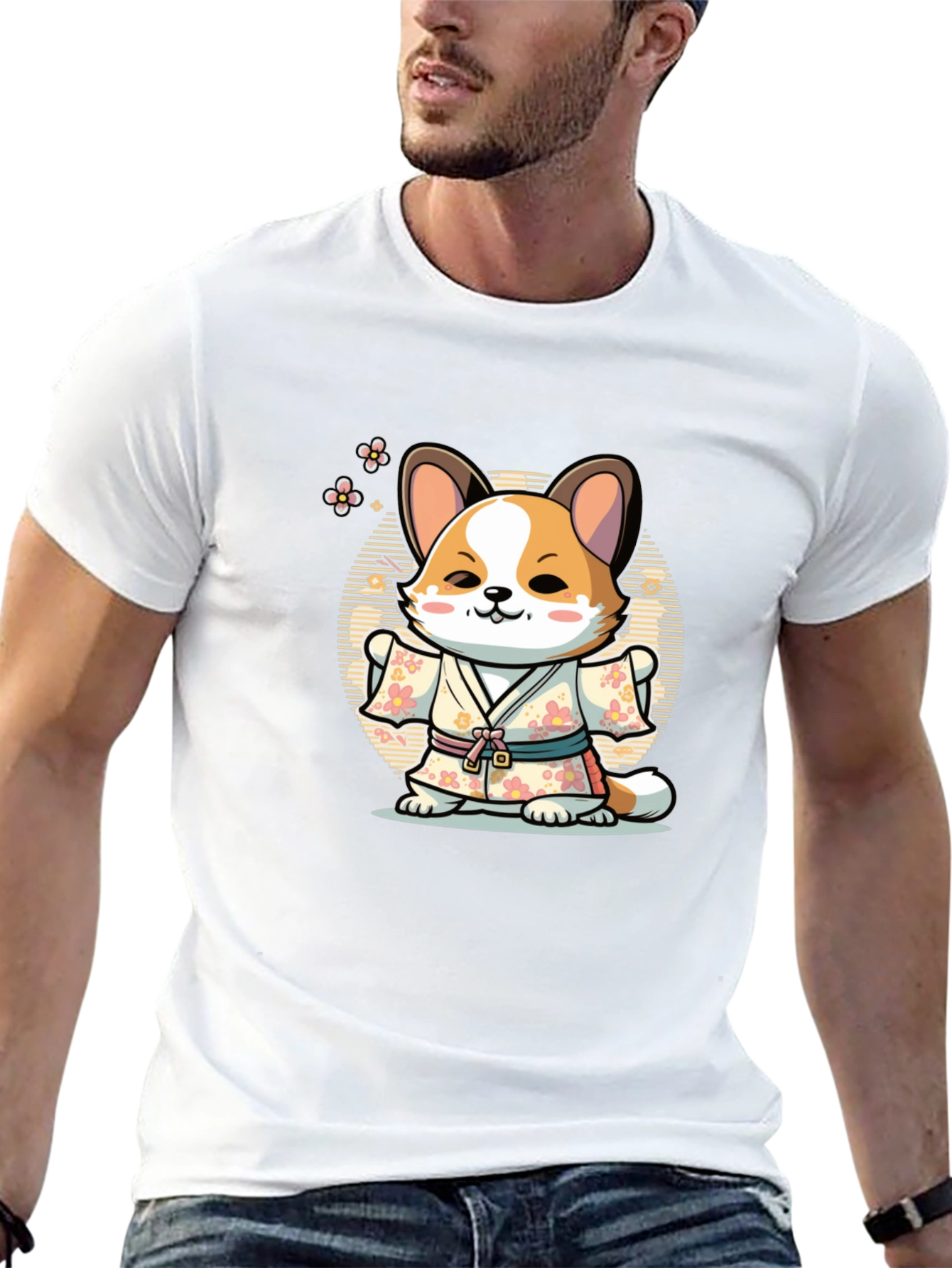 Black Cute Corgi in Kimono T-Shirt view 13
