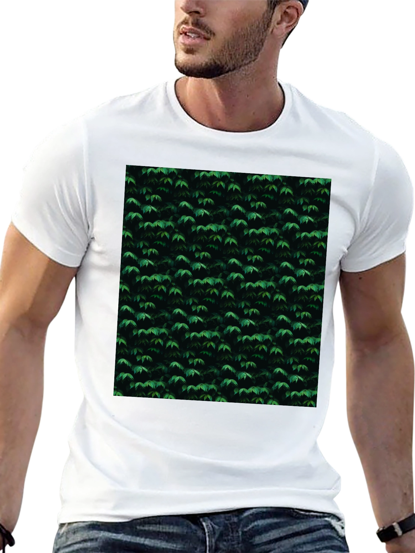 Black Stylish Black Tee with Green Leaf Pattern view 13