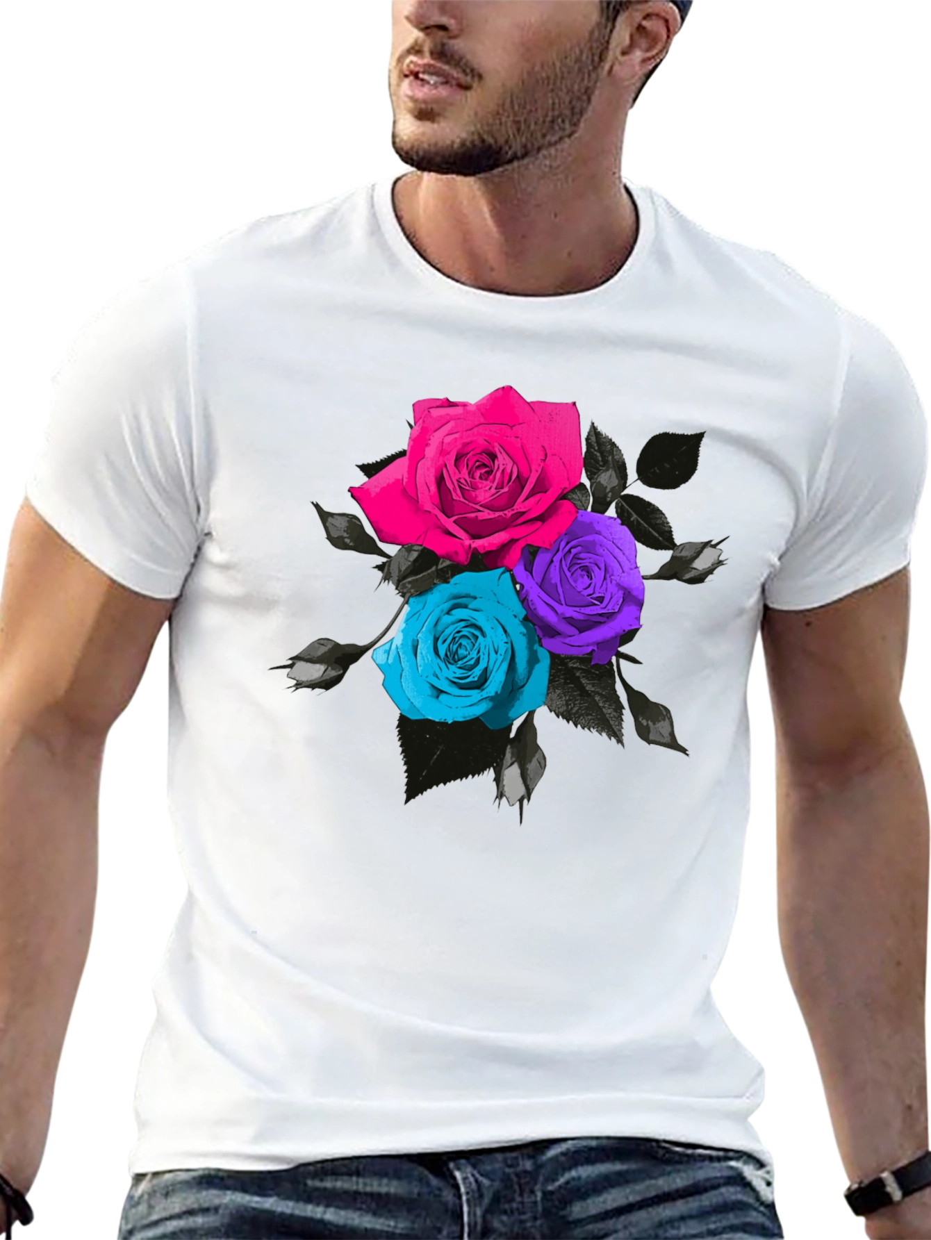 Black Floral Roses T-Shirt - Unique Colorful Design view 13