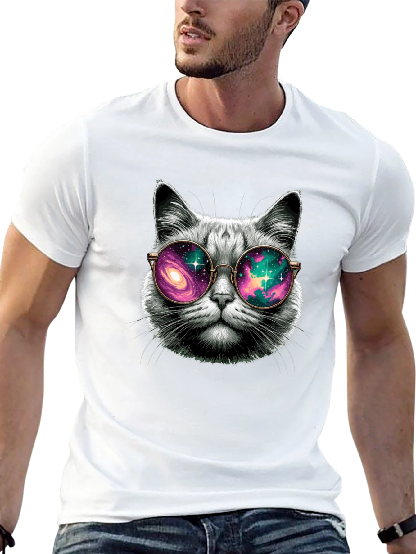 Black Cool Cat Galaxy Glasses T-Shirt view 13