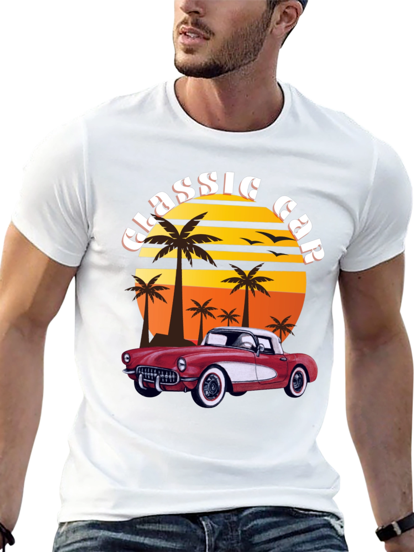 Black Classic Car T-Shirt - Retro Sunset Design view 13