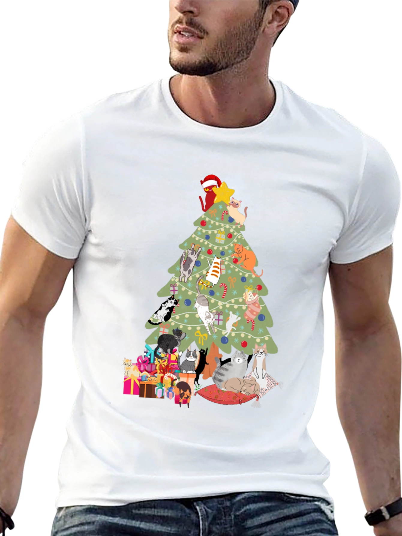 Black Cat Christmas Tree T-Shirt Holiday Tee view 13