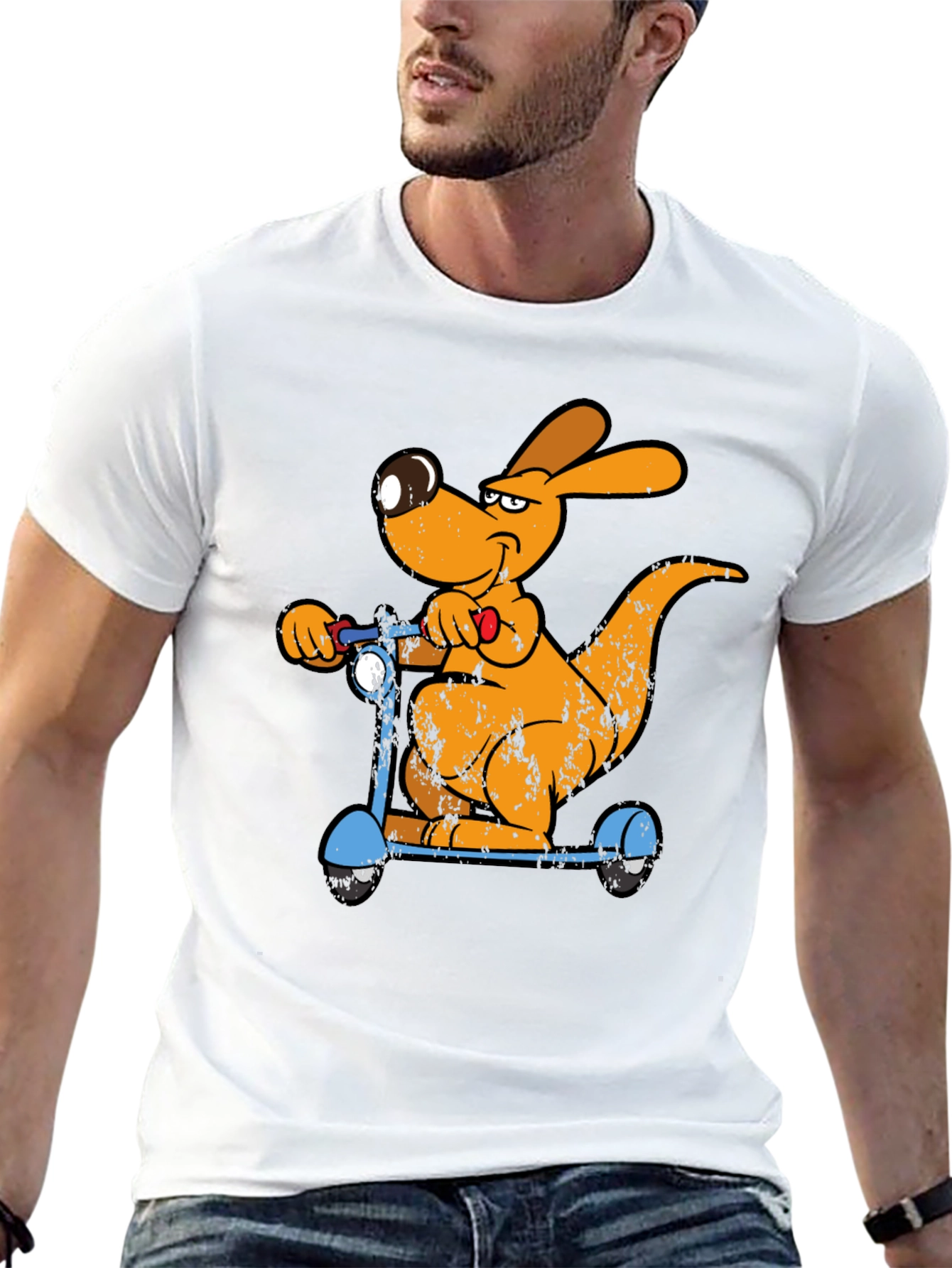 Black Cartoon Kangaroo Scooter Graphic Tee - Cool Black T-Shirt view 13