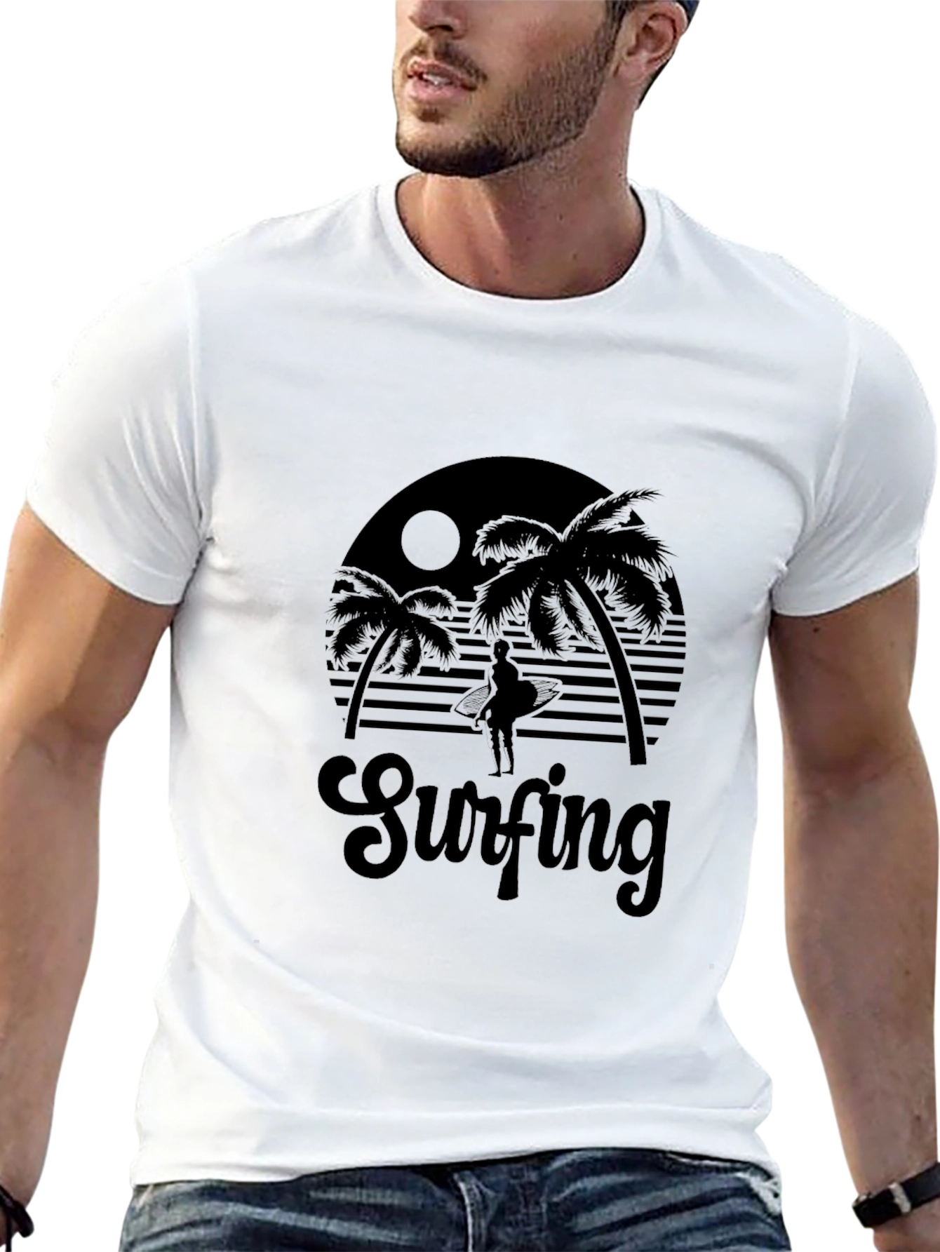 Black Surfing Silhouette Graphic Tee - Black Cotton T-Shirt view 13