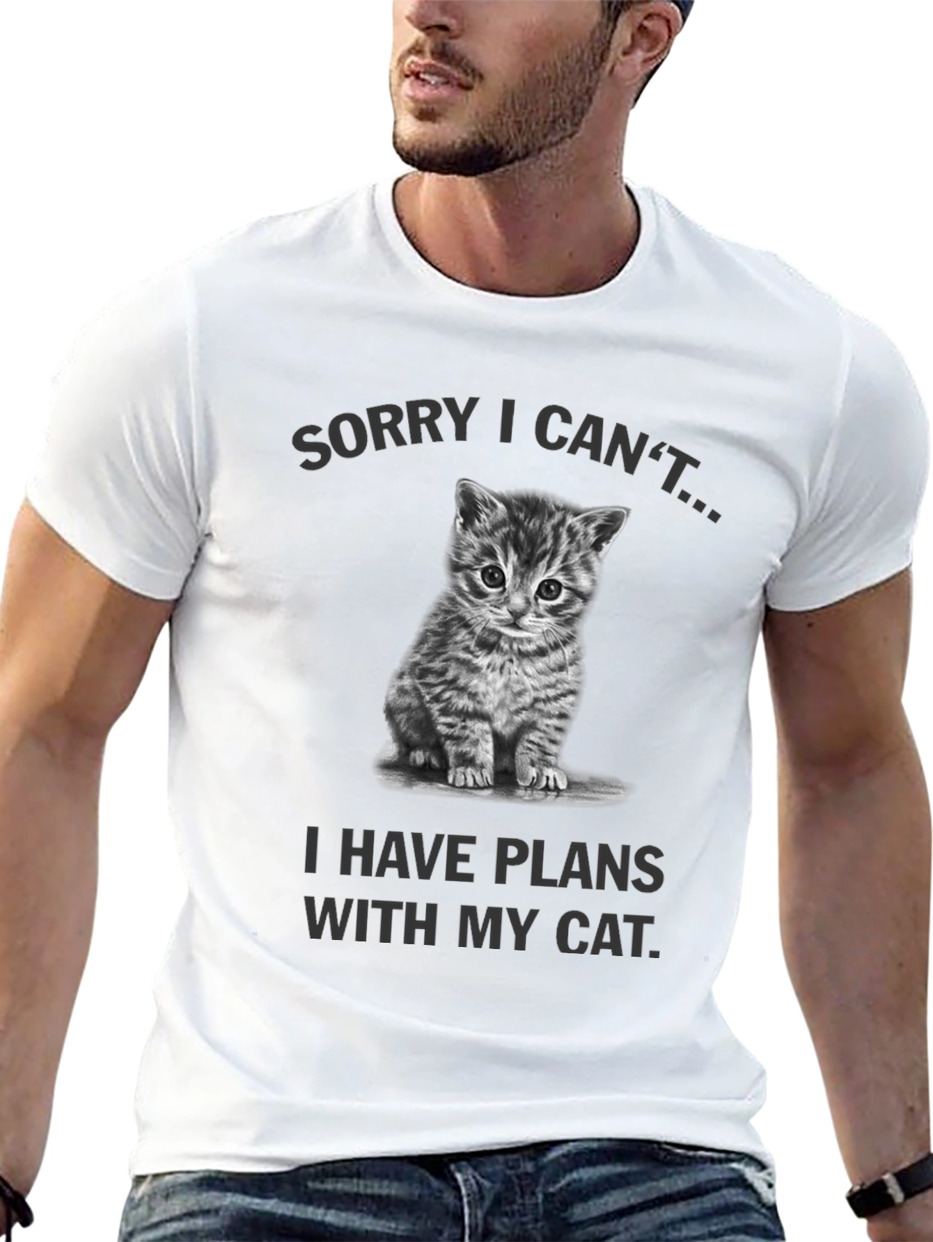Black Sorry I Can't, Cat Plans Graphic Tee view 13