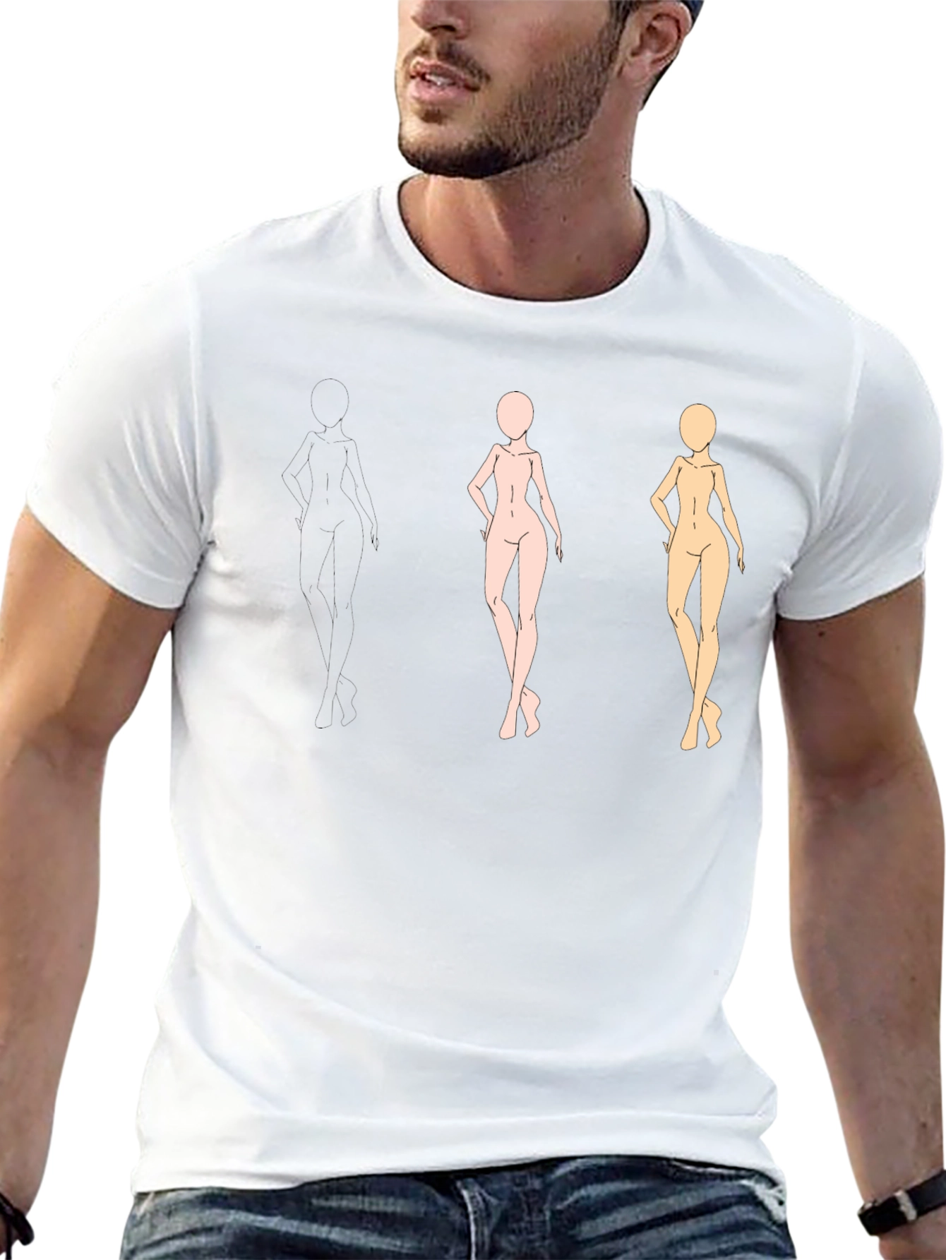 Black Trendy Black Tee with Figure Sketches view 13