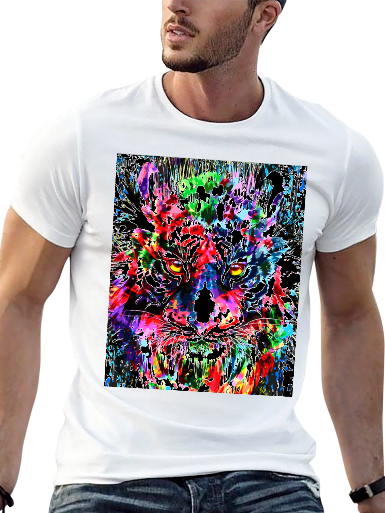 Black Colorful Tiger Graphic Print Men's Black T-Shirt view 13